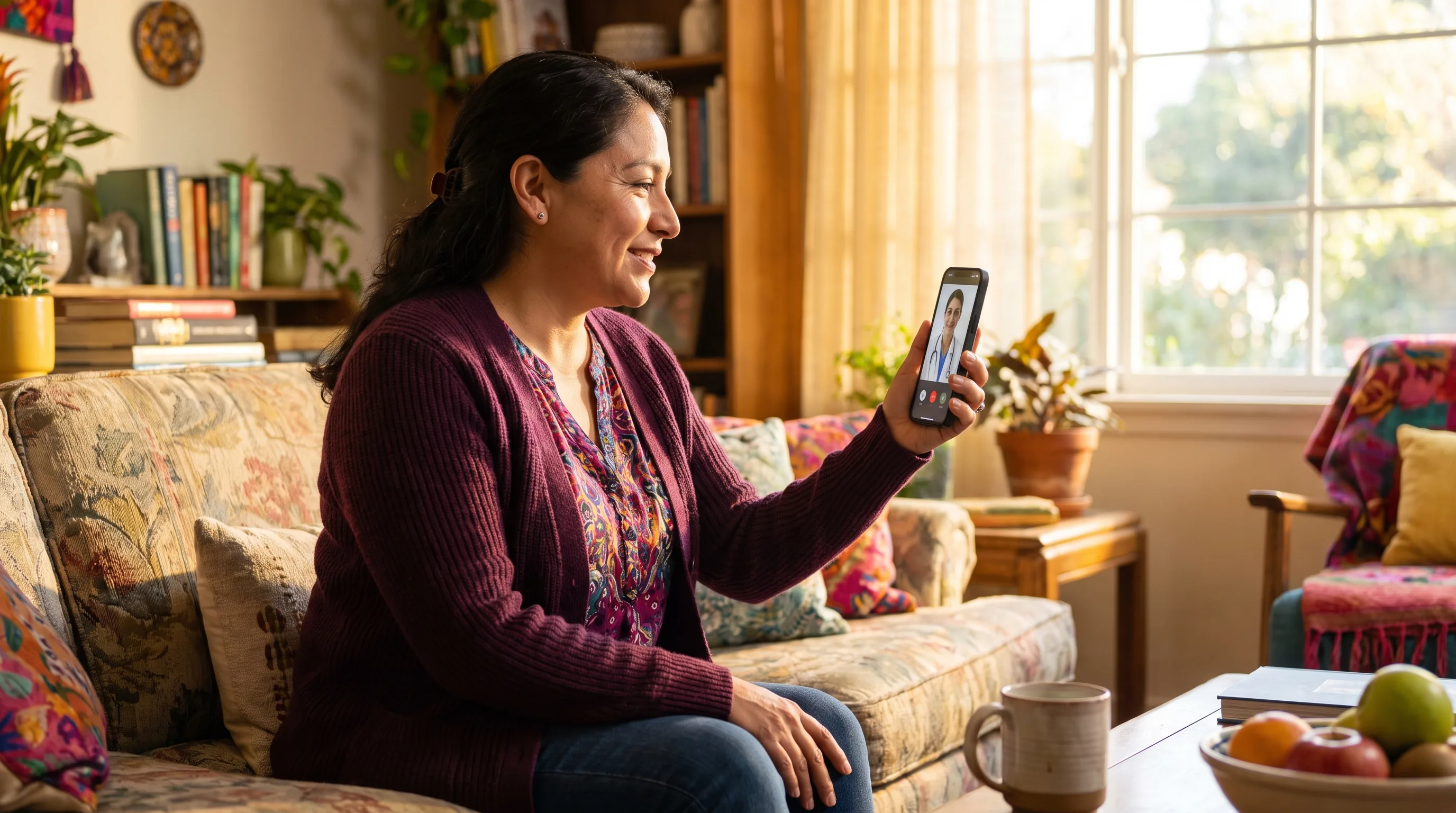 A warm, happy, colorful photo of a healthy woman in her forties smiling in bright morning light while starting an online health visit on her phone at home.