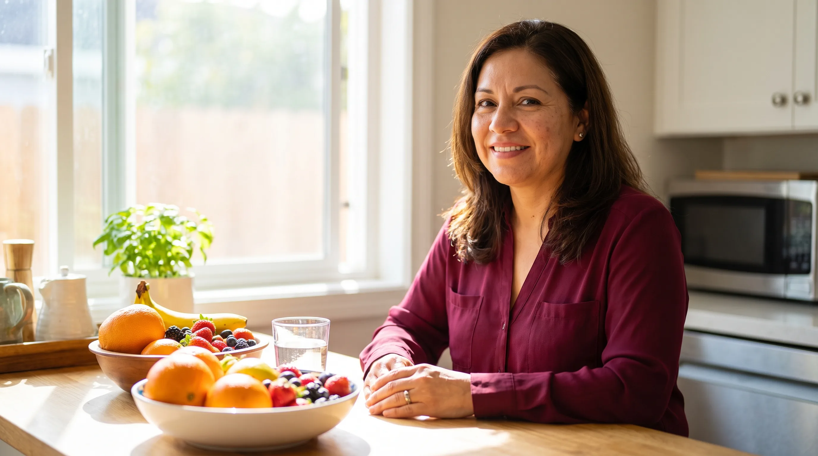 A cheerful, healthy woman in her forties smiling in a bright sunlit kitchen with fresh fruit and a glass of water, relaxed and full of color.
