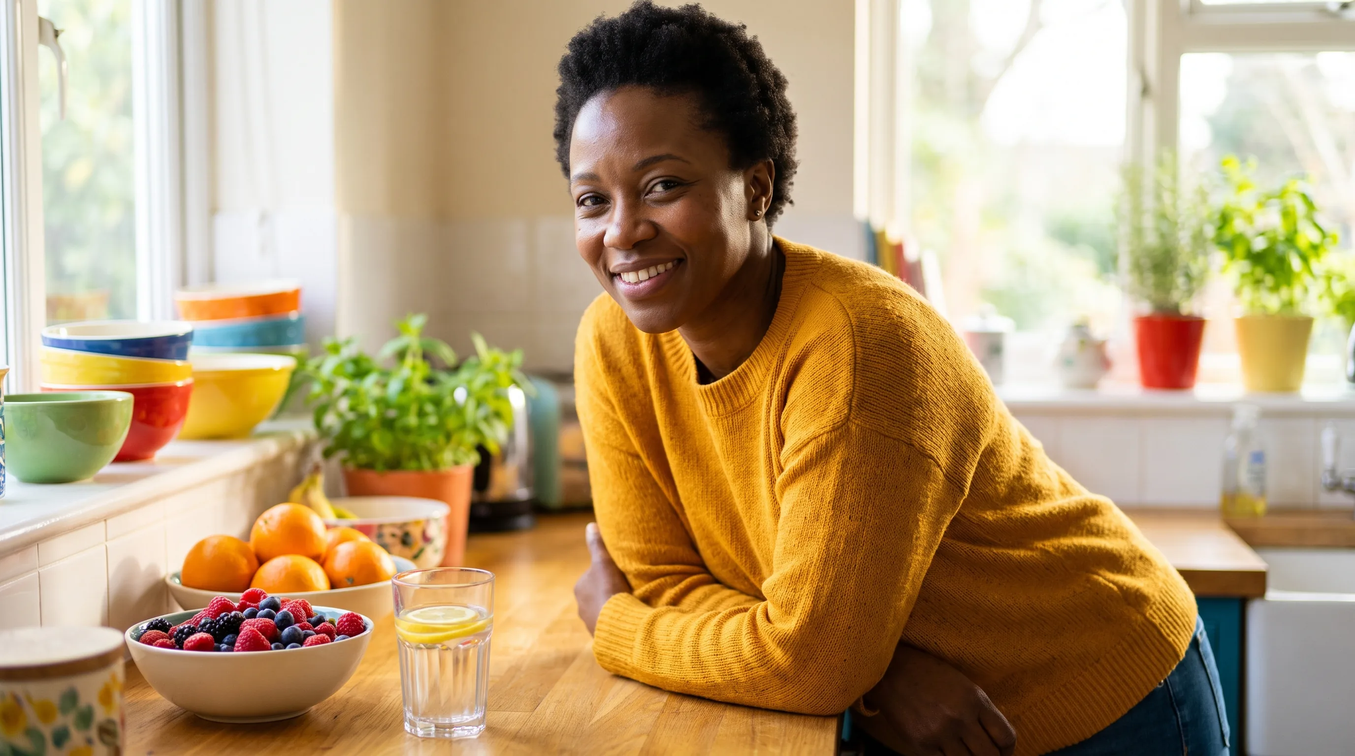 A cheerful, healthy woman in her forties smiling in a bright sunlit kitchen with fresh fruit and a glass of water, relaxed and full of color.