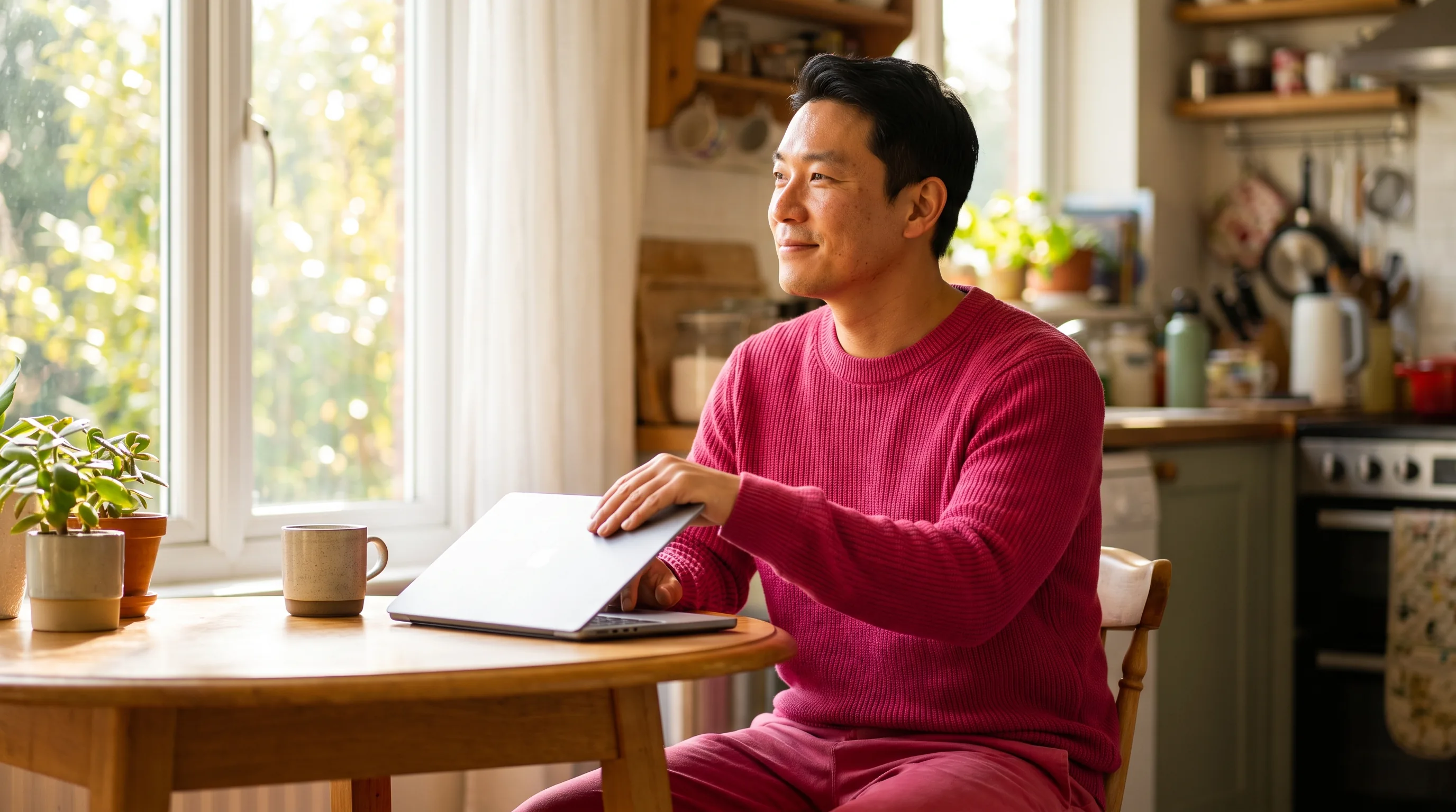 An adult sitting at a kitchen table in morning light, closing a laptop and looking calmly out the window after deciding to move onto a safer path when the supplier they used disappeared