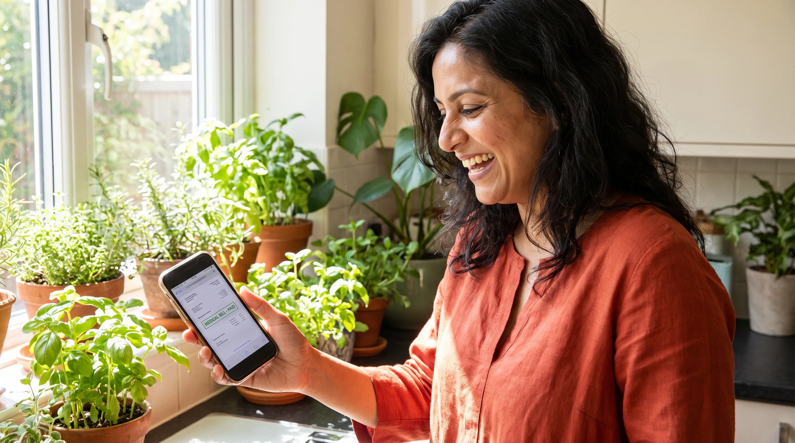 A cheerful woman in her forties laughing in a bright, plant-filled kitchen while looking at her phone, relaxed after checking a clear medical bill.