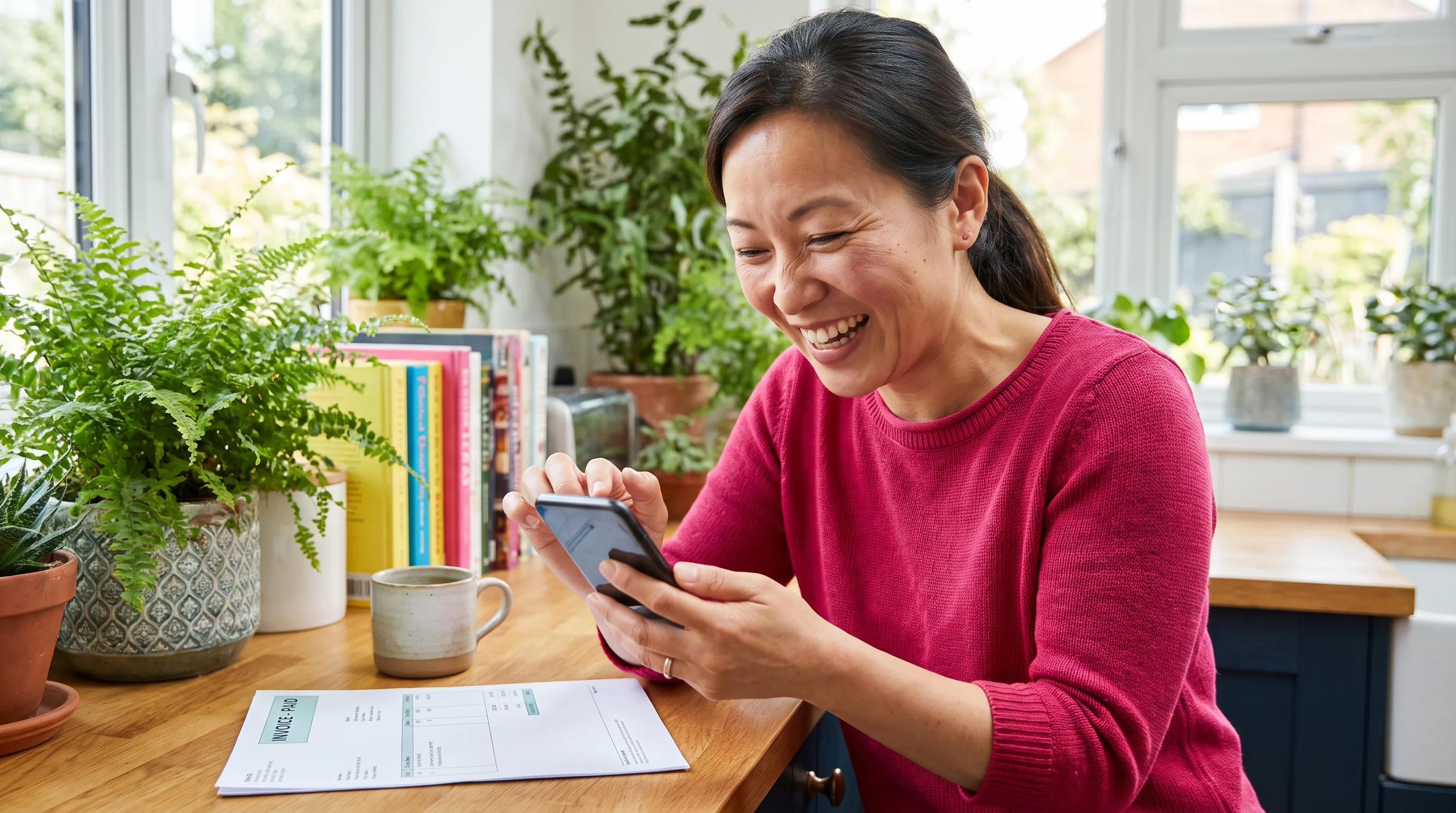 A cheerful woman in her forties laughing in a bright, plant-filled kitchen while looking at her phone, relaxed after checking a clear medical bill.