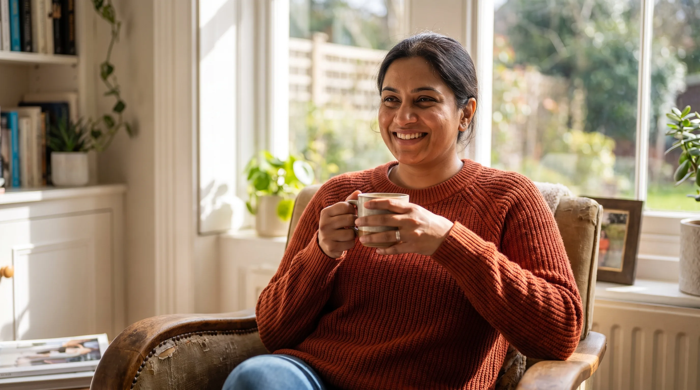 A calm person sitting by a bright window with a warm mug, relaxed and unhurried in a quiet morning moment