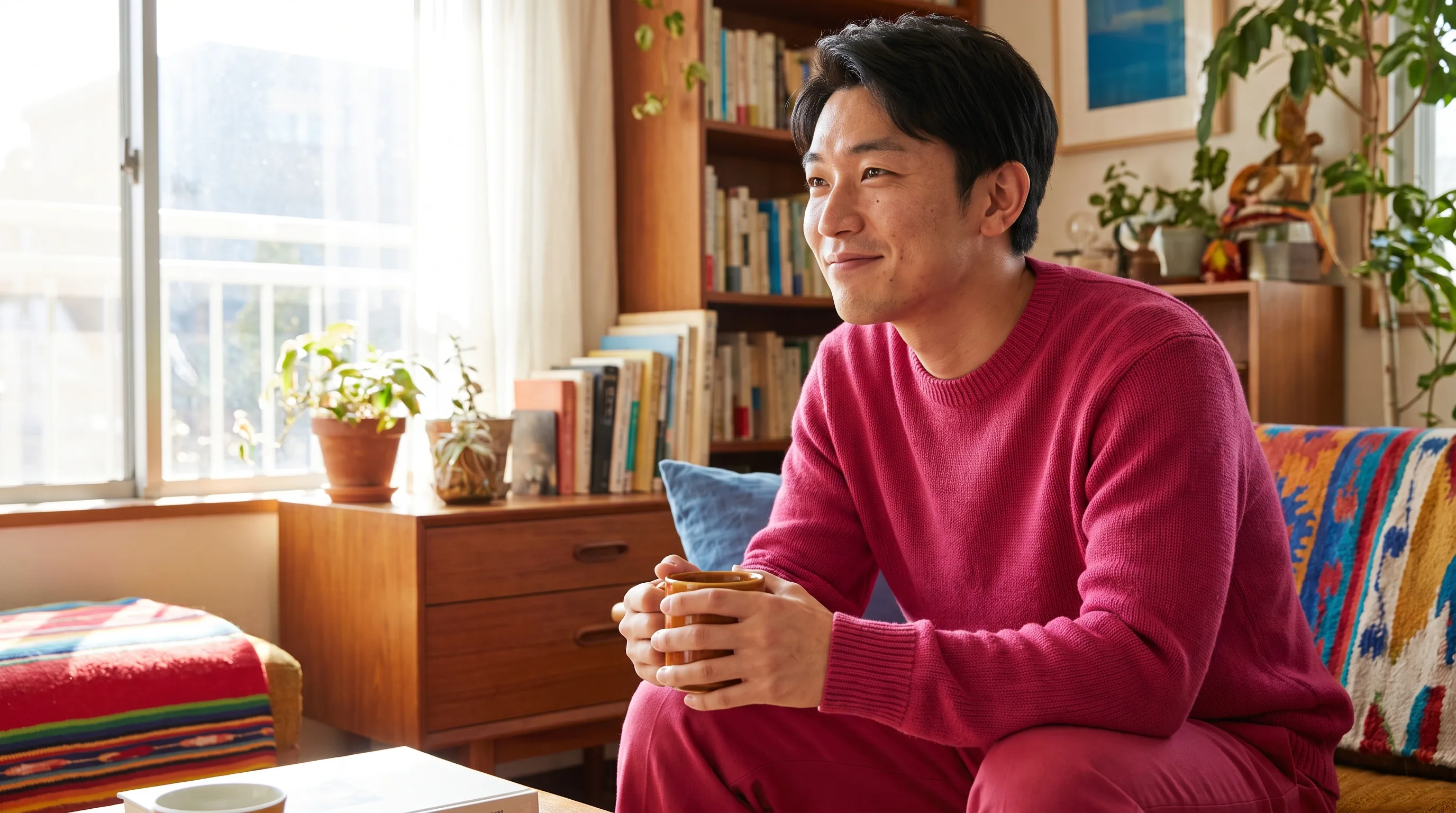 A calm person sitting by a bright window with a warm mug, relaxed and unhurried in a quiet morning moment
