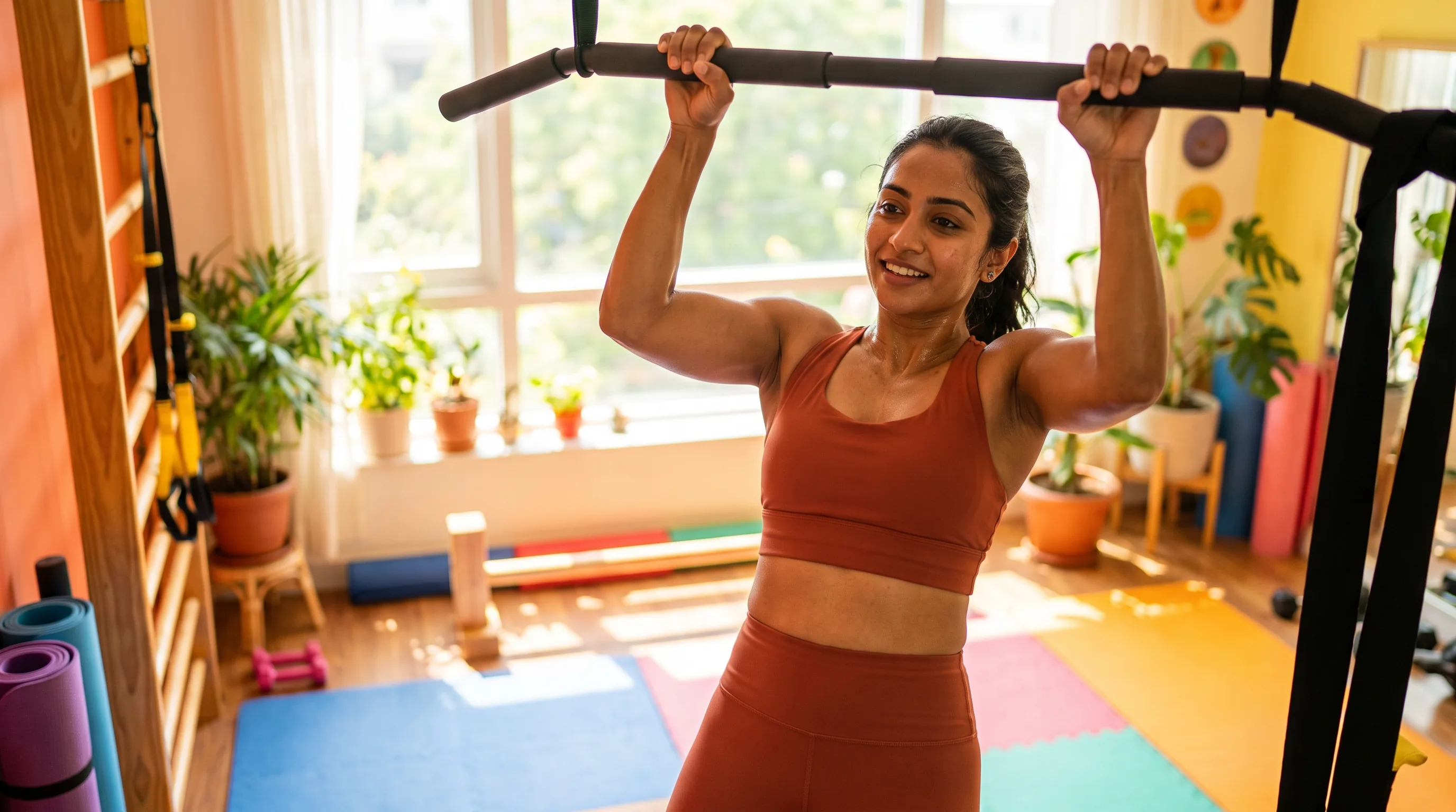 A lean, athletic woman in their 20s doing pull-ups in a home gym