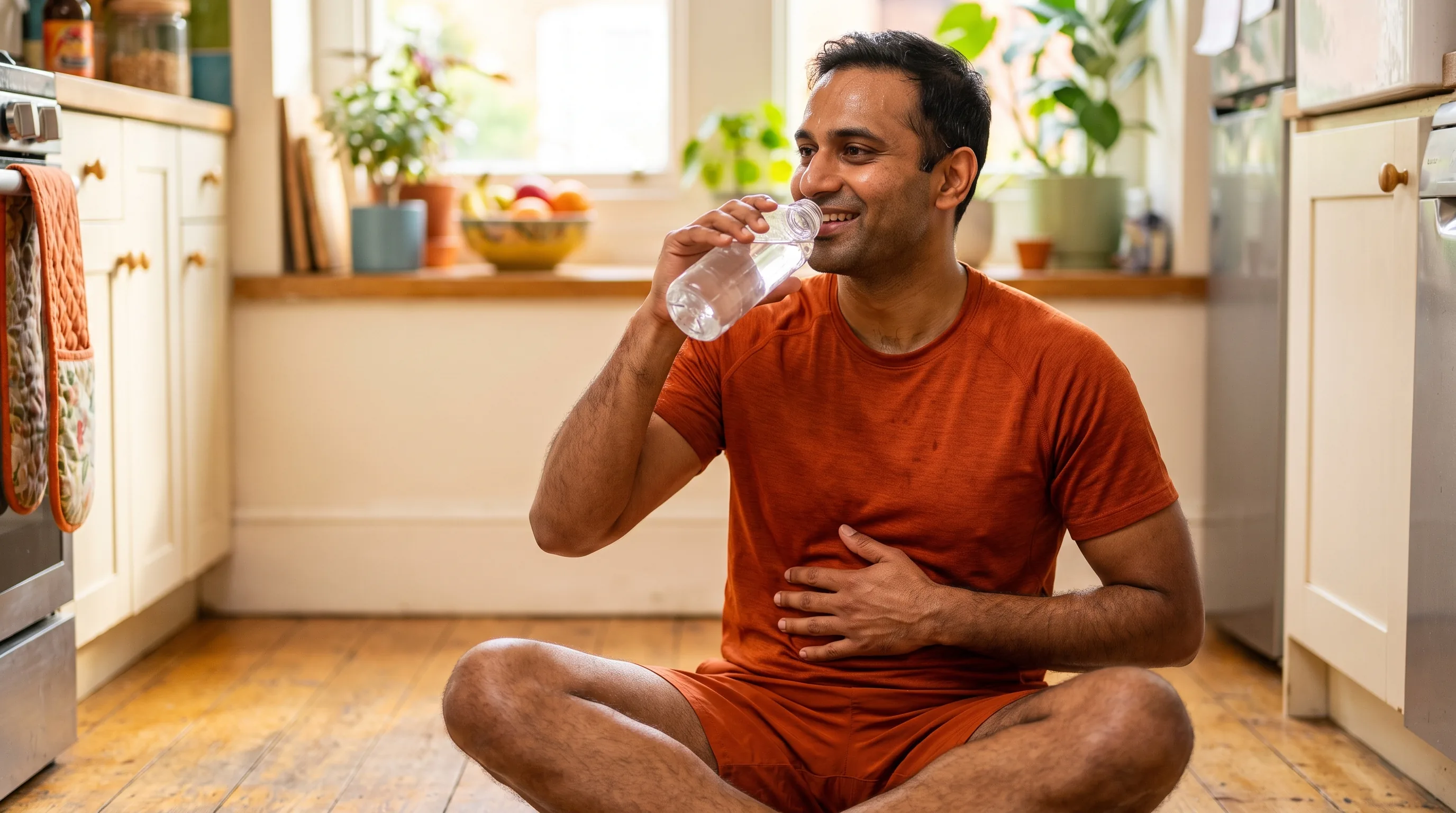 Fit adult in athletic wear sitting calmly on a kitchen floor after a workout, sipping water and resting a hand on the stomach, relaxed and healthy