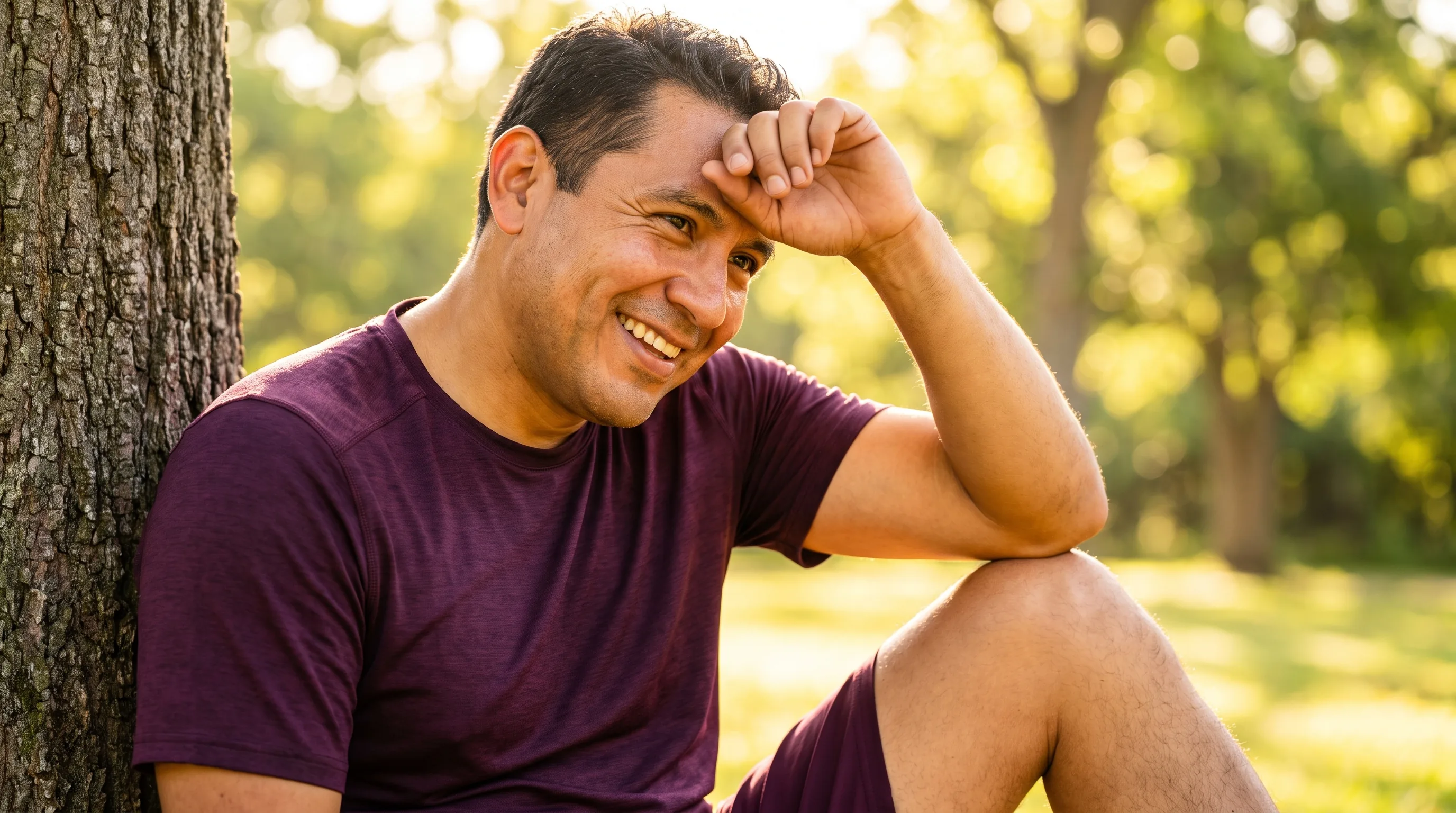 A warm, happy photo of a healthy man in his early forties smiling in bright morning sunlight after a run in the park, relaxed and full of energy.