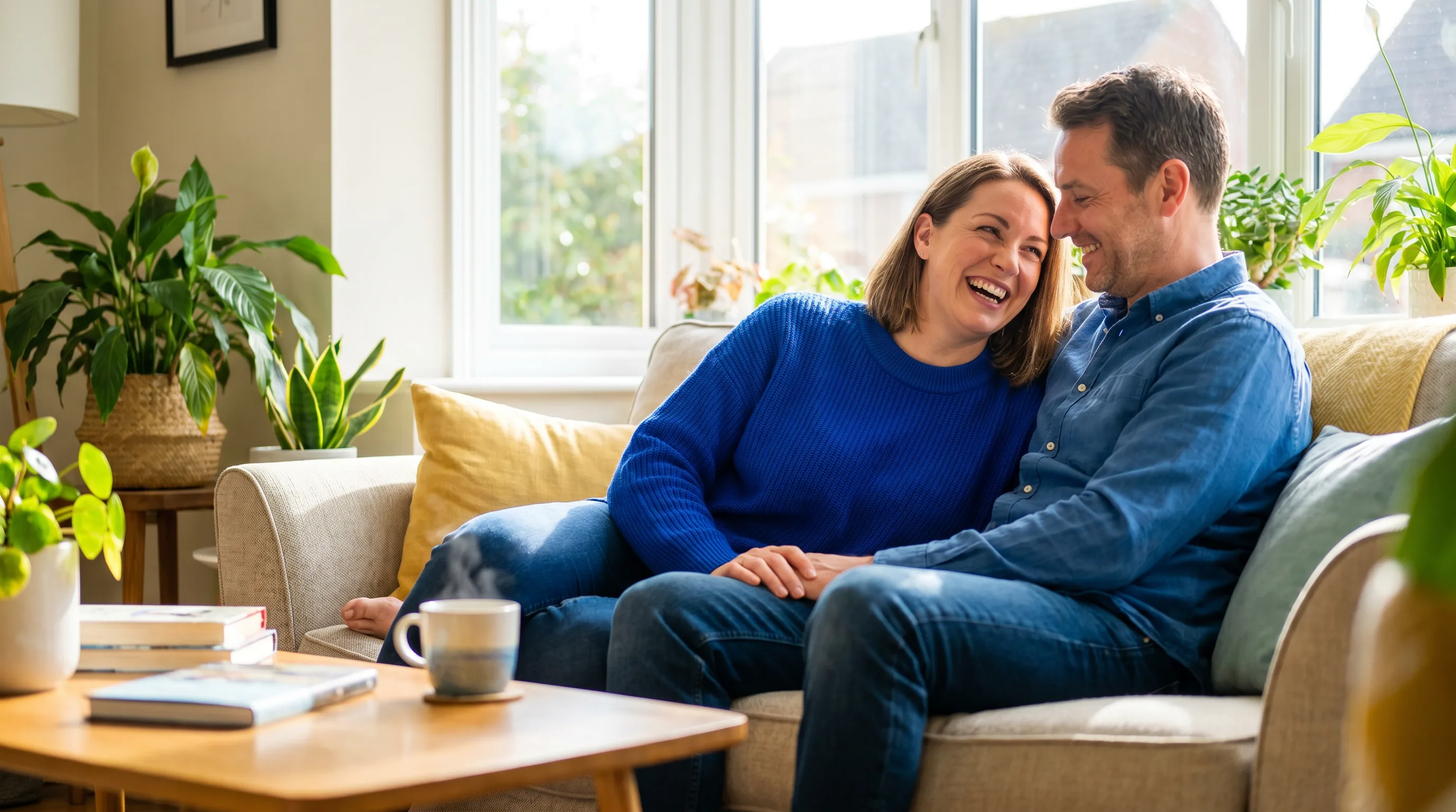A confident, healthy couple in their late thirties sharing a warm, relaxed morning at home, close and at ease together