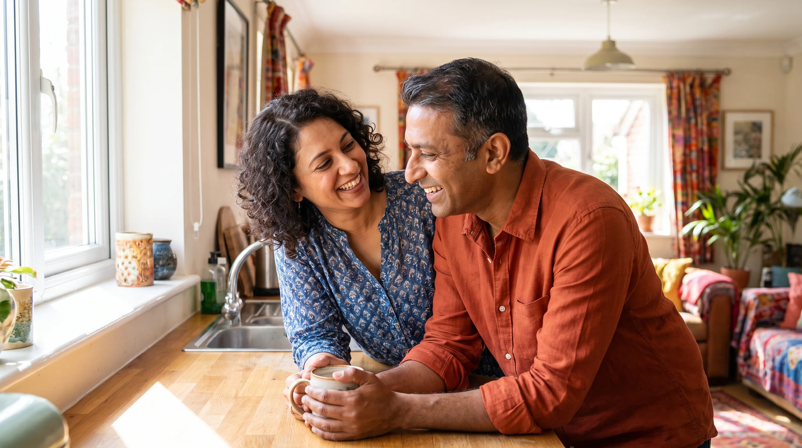 A confident, healthy couple in their late thirties sharing a warm, relaxed morning at home, close and at ease together