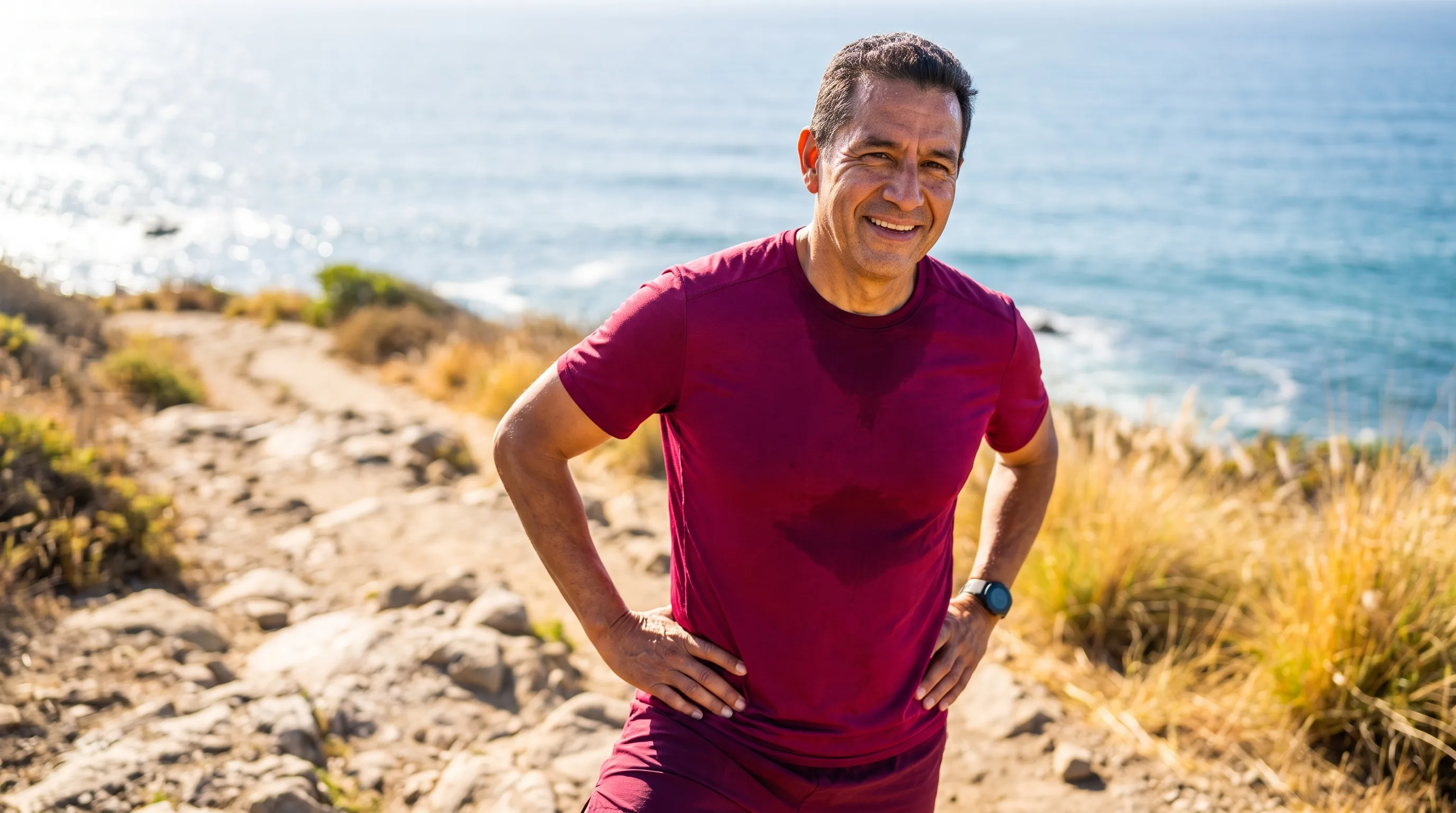A fit man in his early sixties finishing a morning run along a coastal path, breathing deeply in bright daylight, relaxed and full of energy