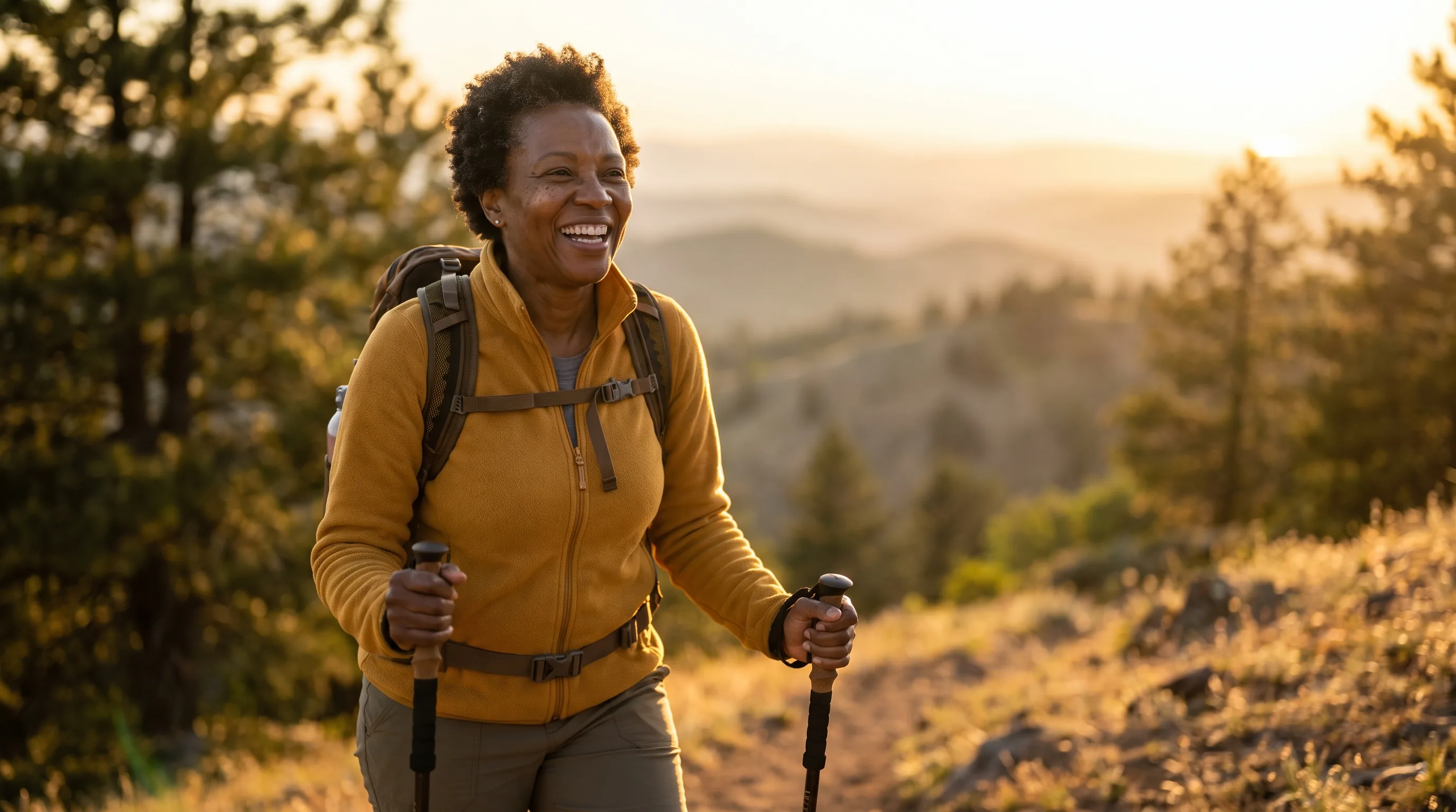 A vital woman in her late fifties hiking a sunlit ridge trail at golden hour, breathing easy and smiling, healthy and energized outdoors