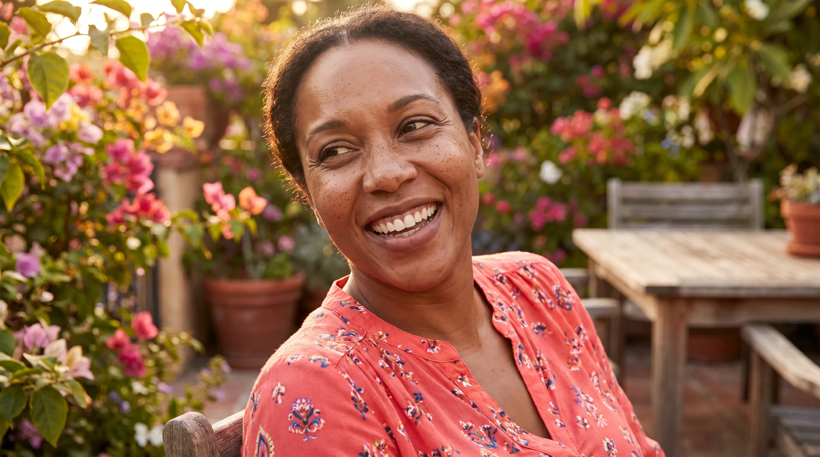 A warm, happy woman in her late 30s laughing in bright natural light, healthy and relaxed in a colorful sunlit setting