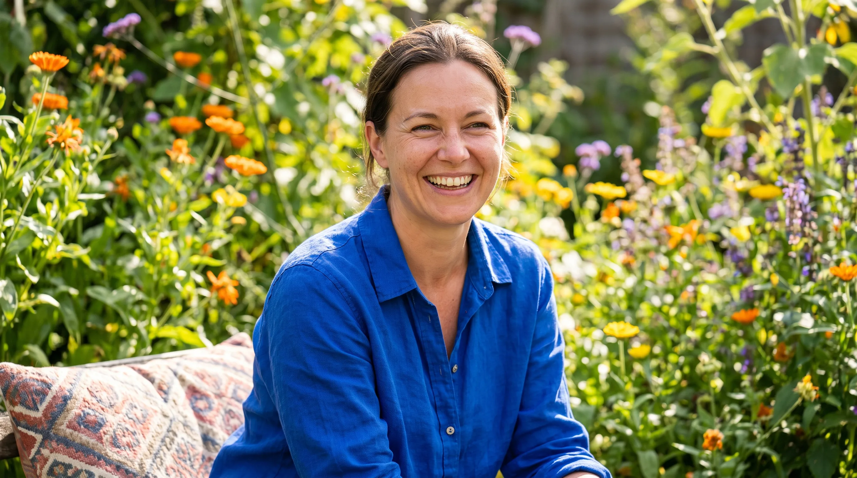 A warm, happy woman in her late 30s laughing in bright natural light, healthy and relaxed in a colorful sunlit setting