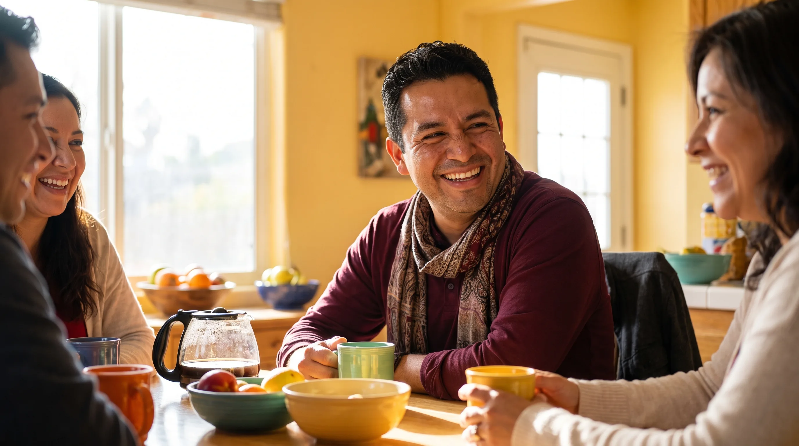A warm, happy, colorful photo of a healthy man in his fifties laughing with friends over coffee in a sunlit kitchen.