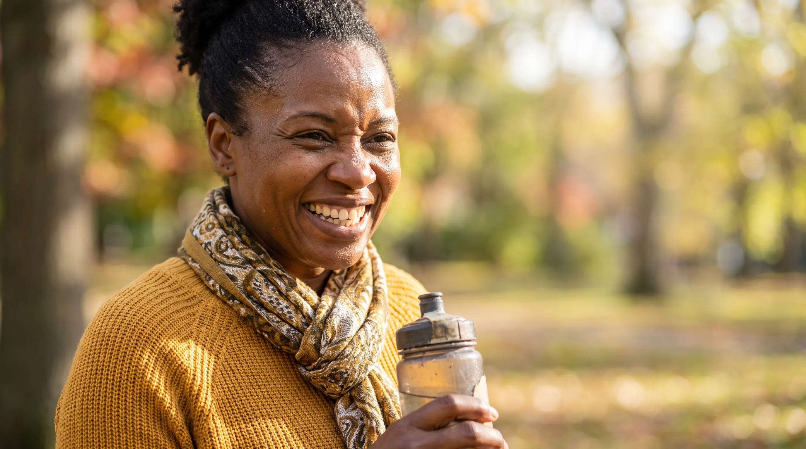 A warm, happy, colorful photo of a healthy woman in her forties smiling outdoors in bright morning sunlight after a walk.