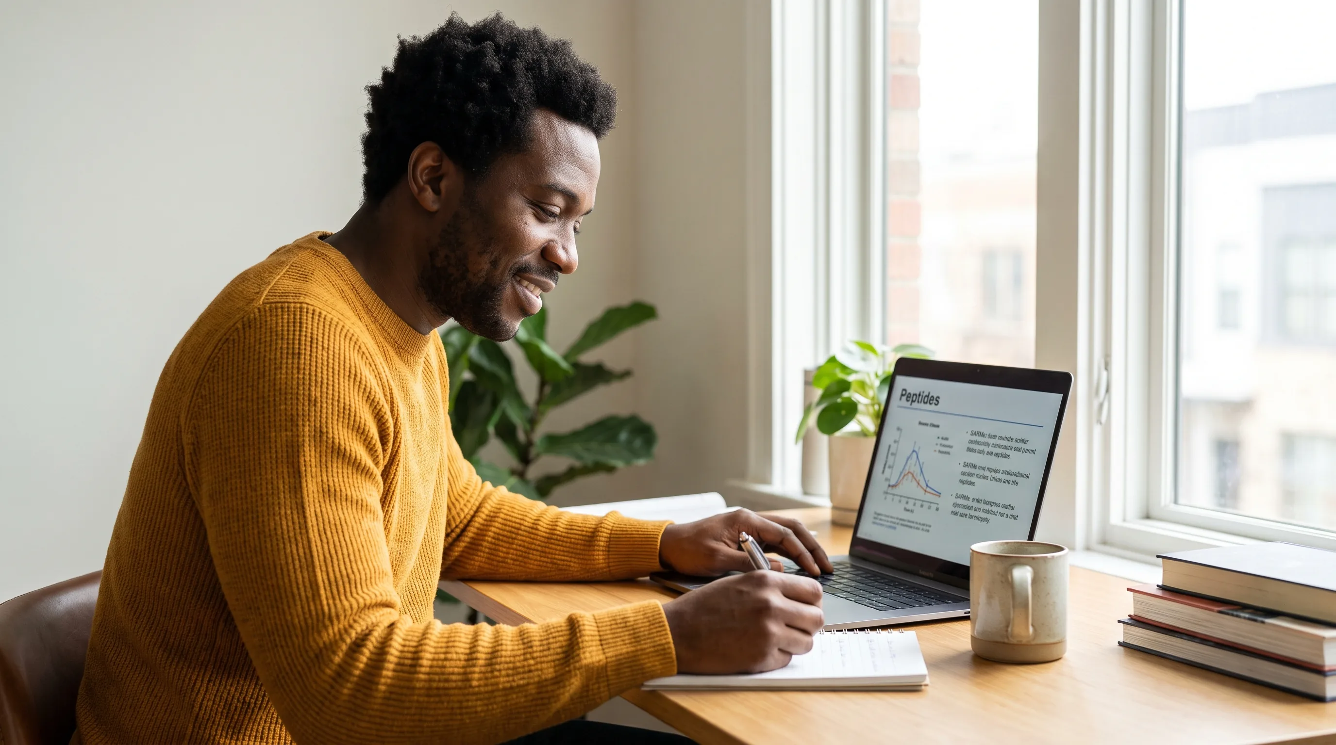 A calm man in his forties comparing peptide and SARMs information on a laptop at a tidy desk, taking notes, unhurried and focused