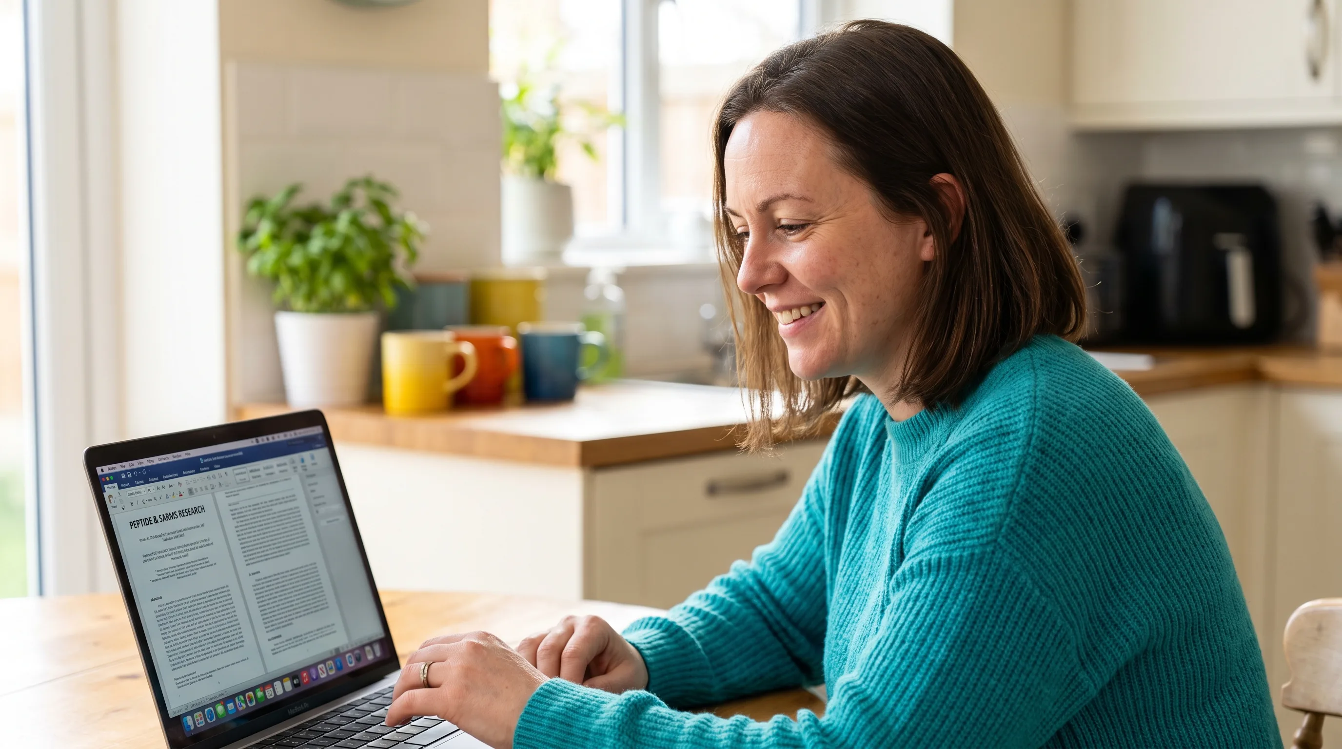A thoughtful woman in her late thirties reading peptide and SARMs research on a laptop at a clean kitchen table, calm and focused in daylight