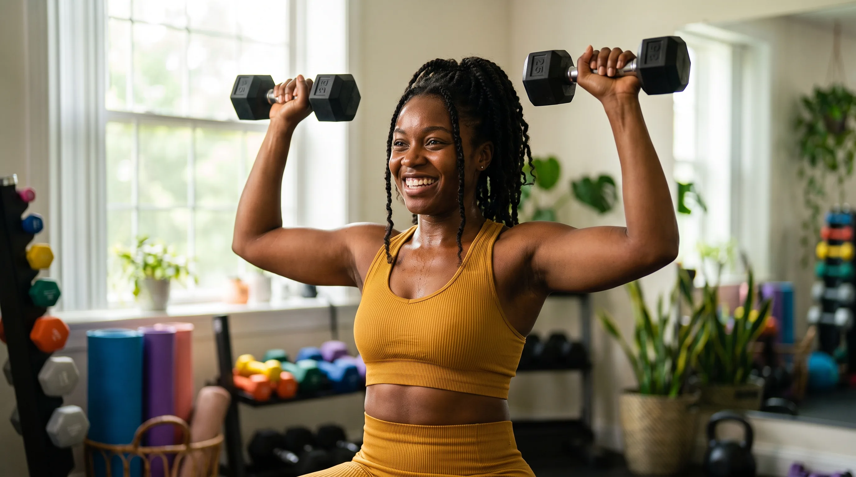 A lean, athletic woman in their 20s pressing dumbbells in a home gym