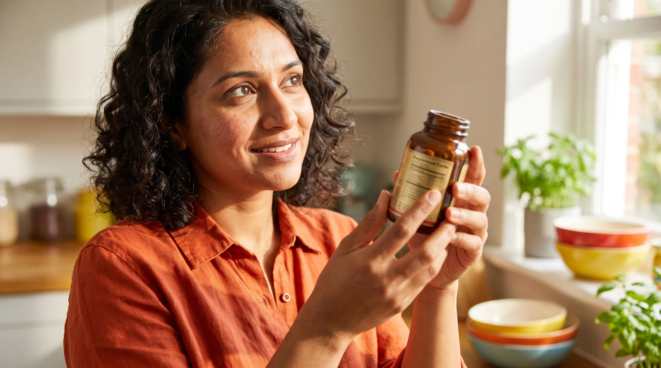 A man in his 40s at a kitchen counter comparing two product labels in the morning light, taking his time to decide