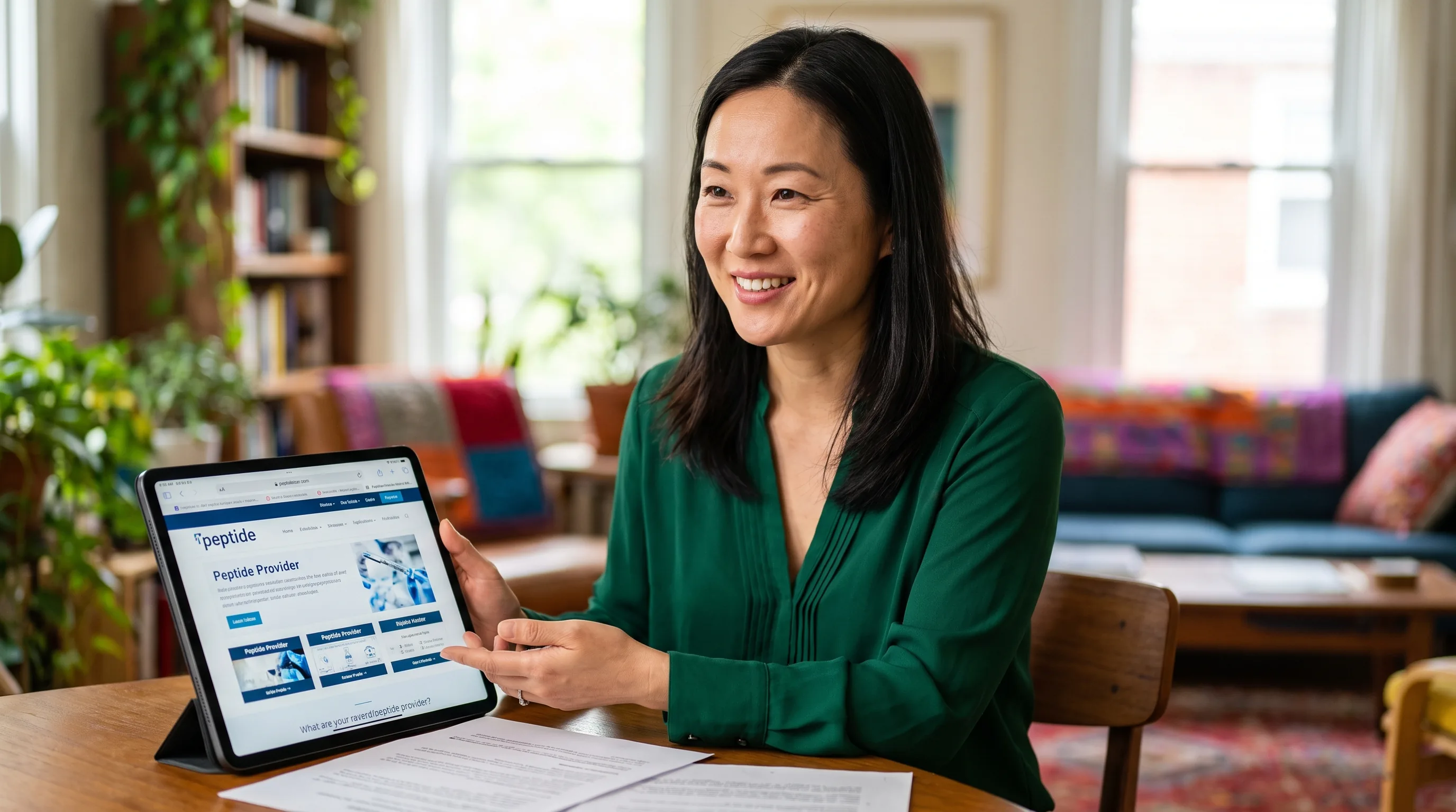 A healthy adult comparing peptide provider options at home
