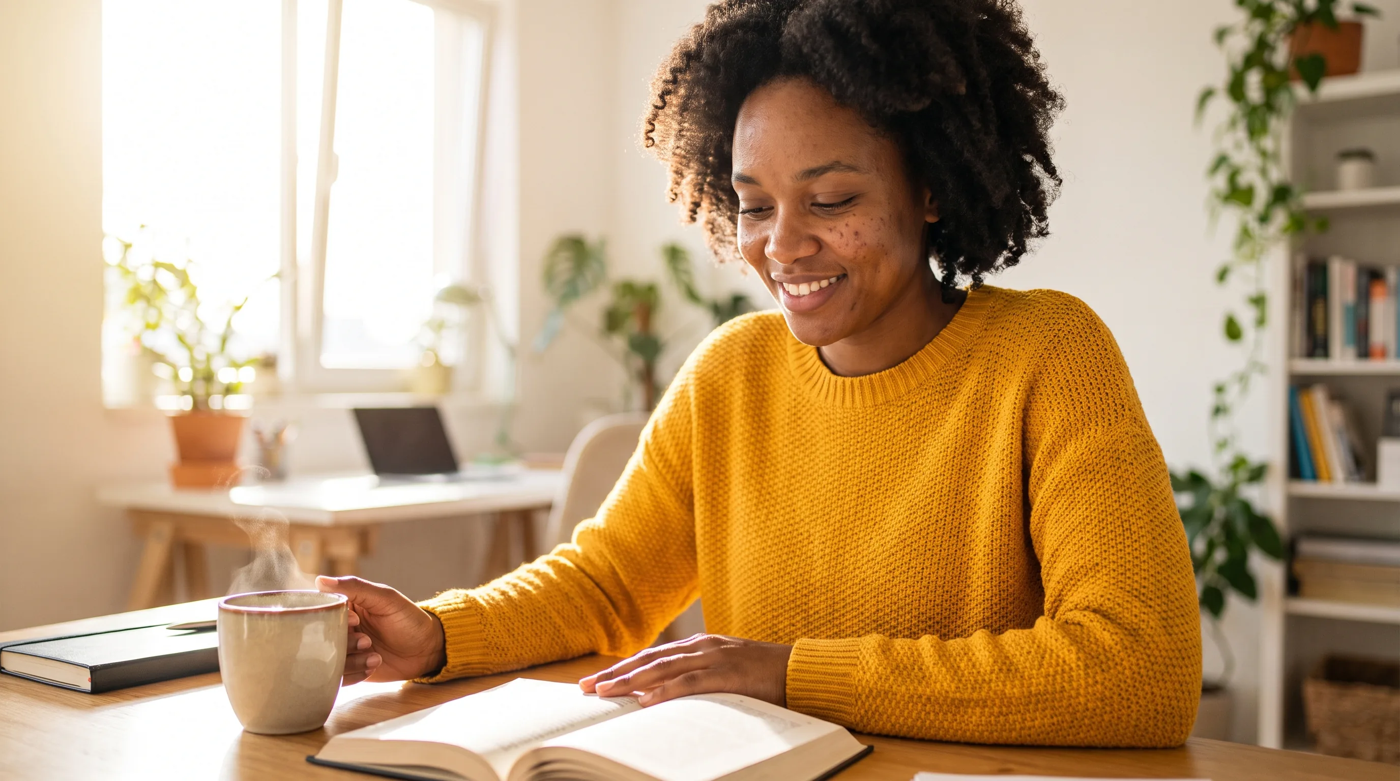 A focused young professional reading at a sunlit desk with a clear, calm head, coffee nearby