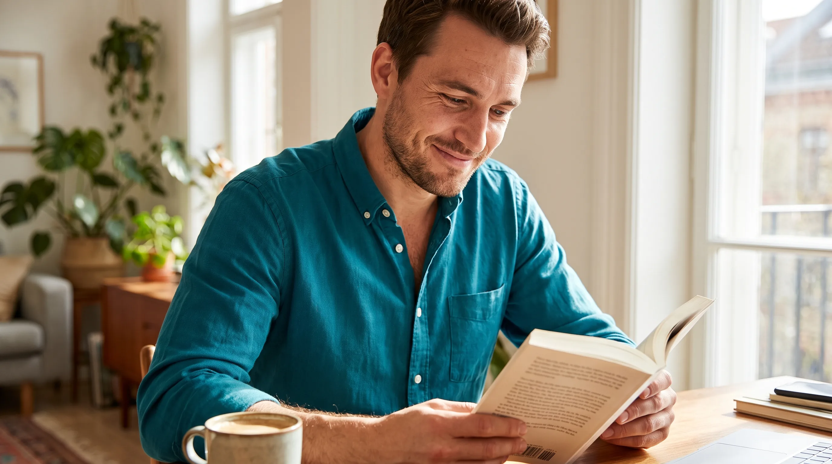 A focused young professional reading at a sunlit desk with a clear, calm head, coffee nearby