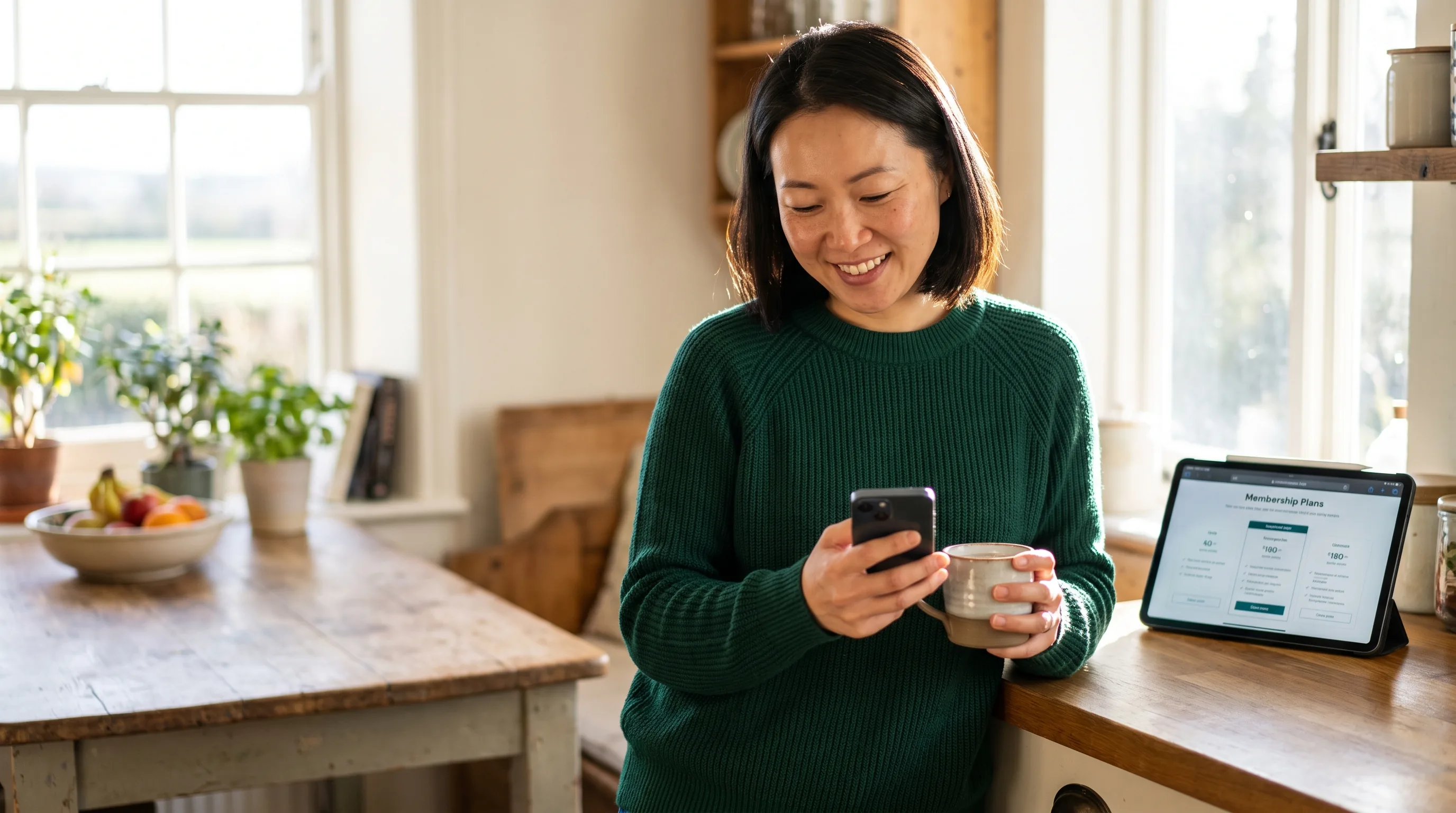 A cheerful, healthy woman in her thirties smiling at her phone in a bright sunlit kitchen, comparing membership options with a warm cup of coffee.