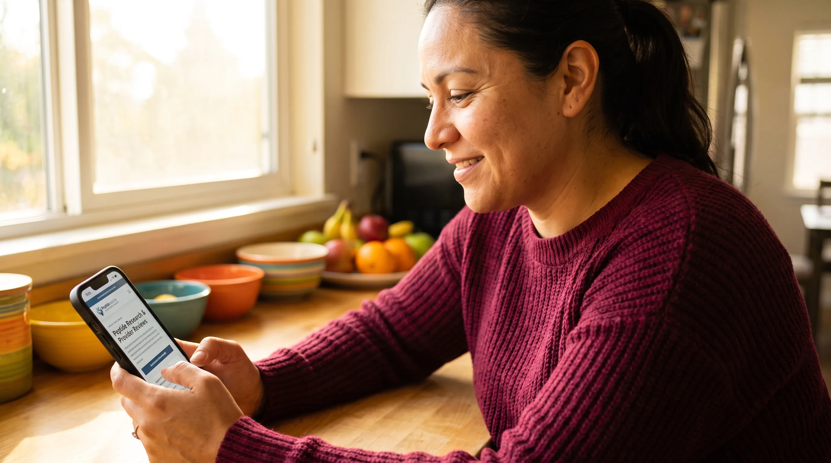A cheerful, healthy woman in her thirties in a sunlit kitchen, smiling as she reads on her phone while researching a peptide provider.