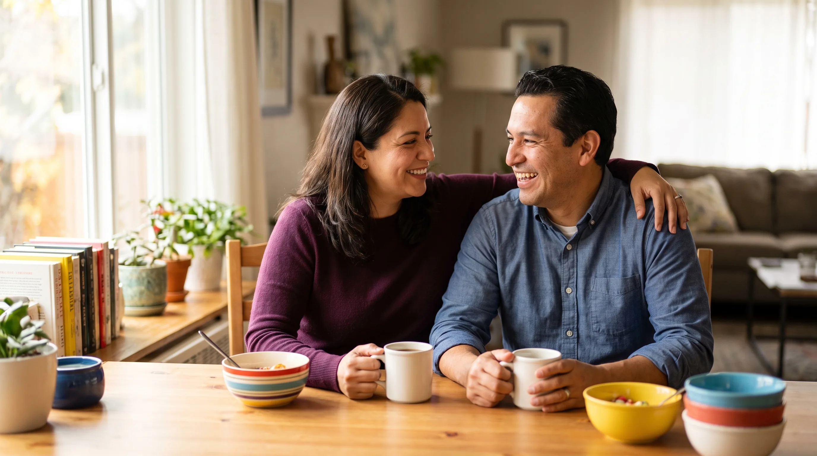 A confident, relaxed couple in their late thirties sharing a warm, unhurried morning together at home, close and affectionate, soft natural light, fully clothed and non-explicit