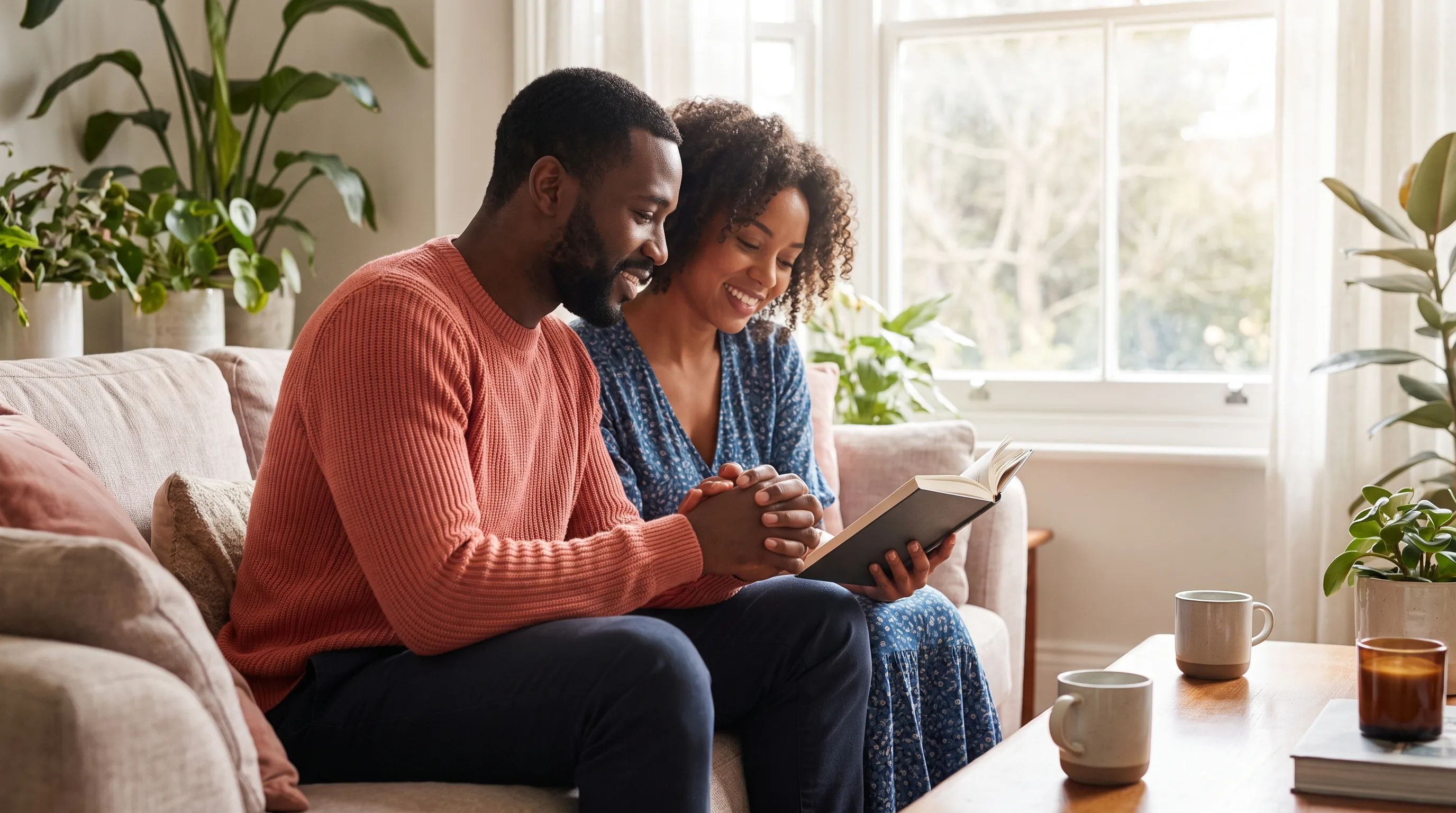 A confident, relaxed couple in their late thirties sharing a warm, unhurried morning together at home, close and affectionate, soft natural light, fully clothed and non-explicit