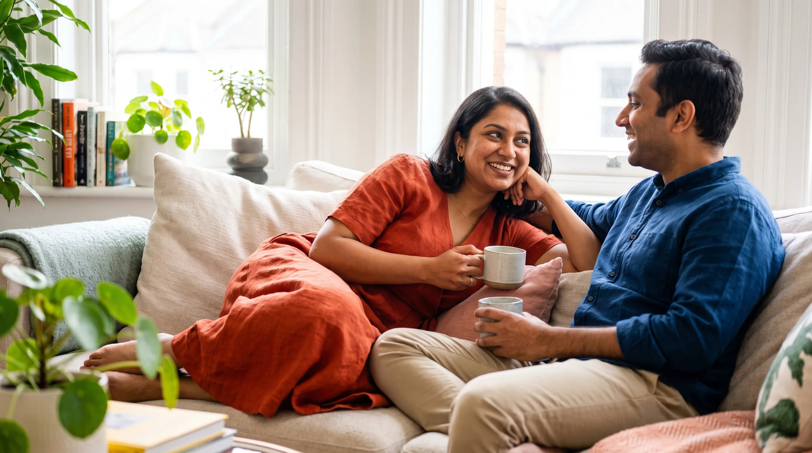 A confident, relaxed couple in their late 30s sharing a warm, unhurried morning together at home, close and at ease, softly lit