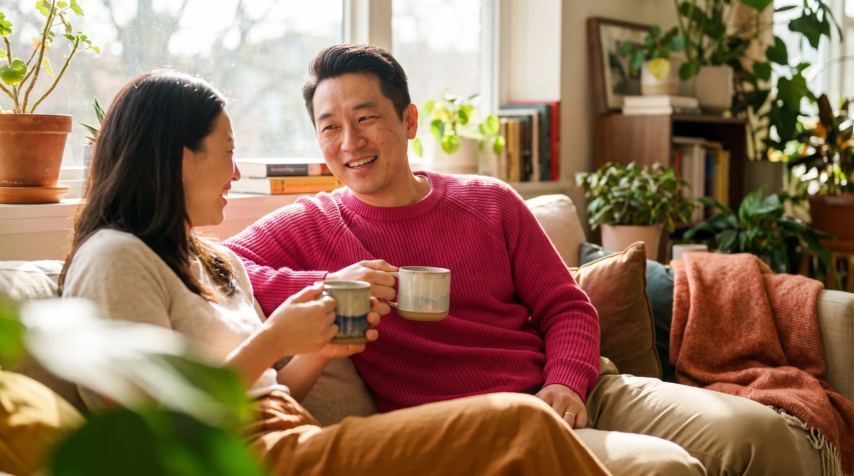 A confident, relaxed couple in their late 30s sharing a warm, unhurried morning together at home, close and at ease, softly lit