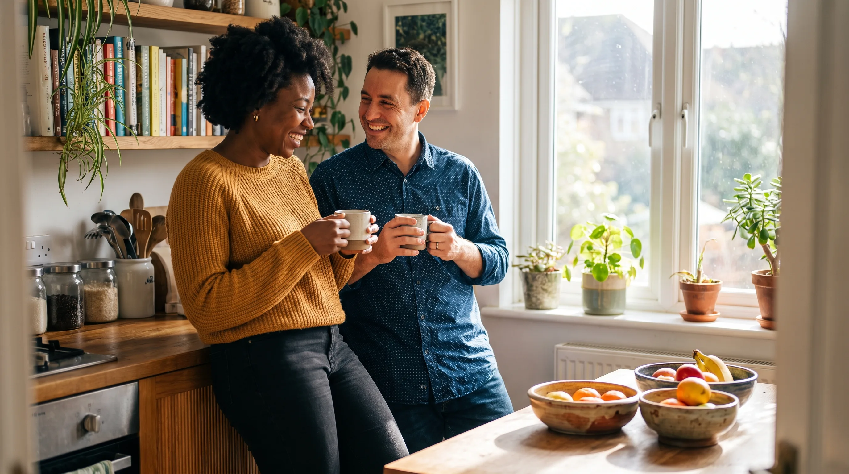 A confident, relaxed couple sharing a warm, unhurried morning at home, close and at ease, not clinical