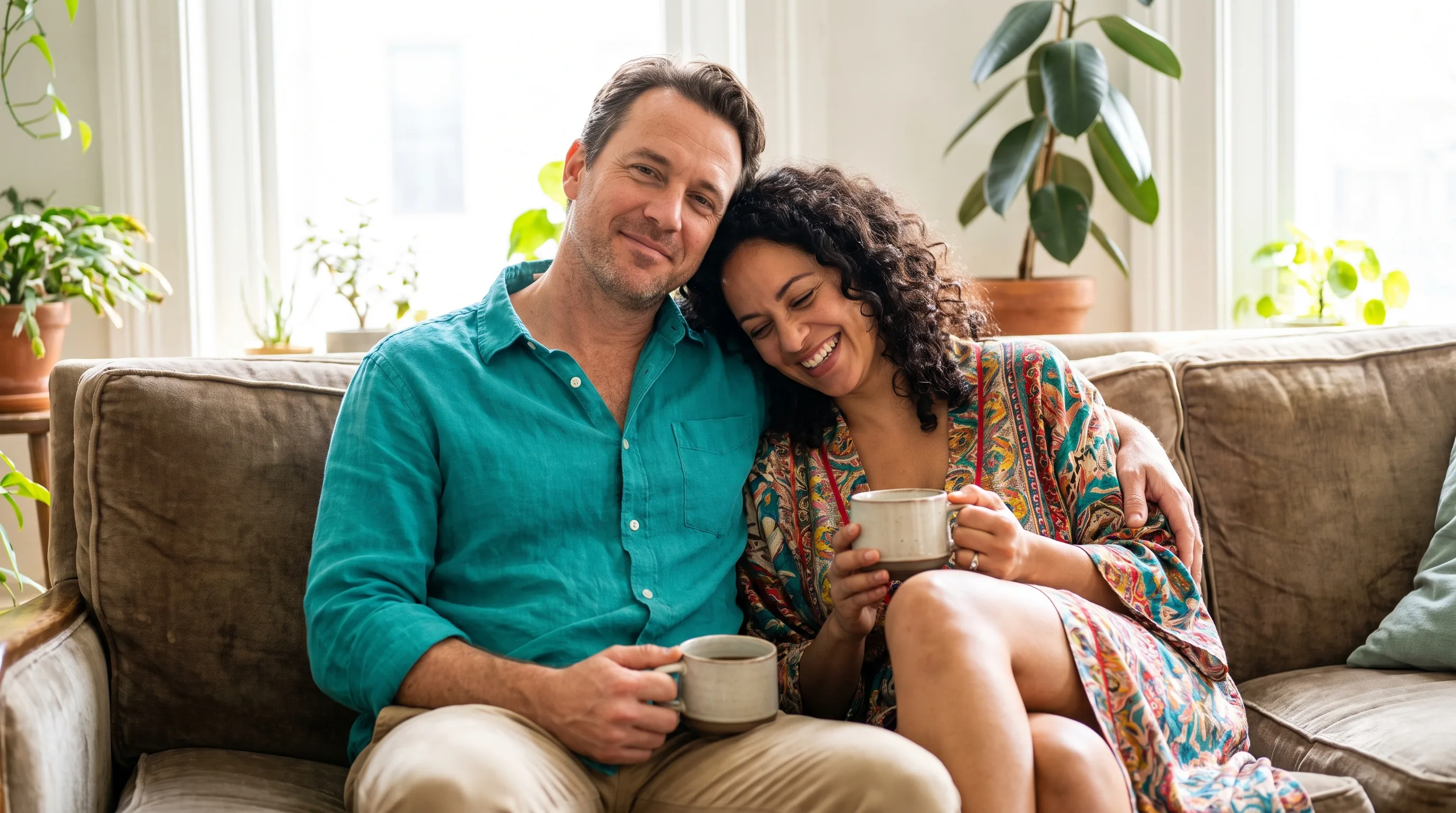 A confident, relaxed couple sharing a warm, unhurried morning at home, close and at ease