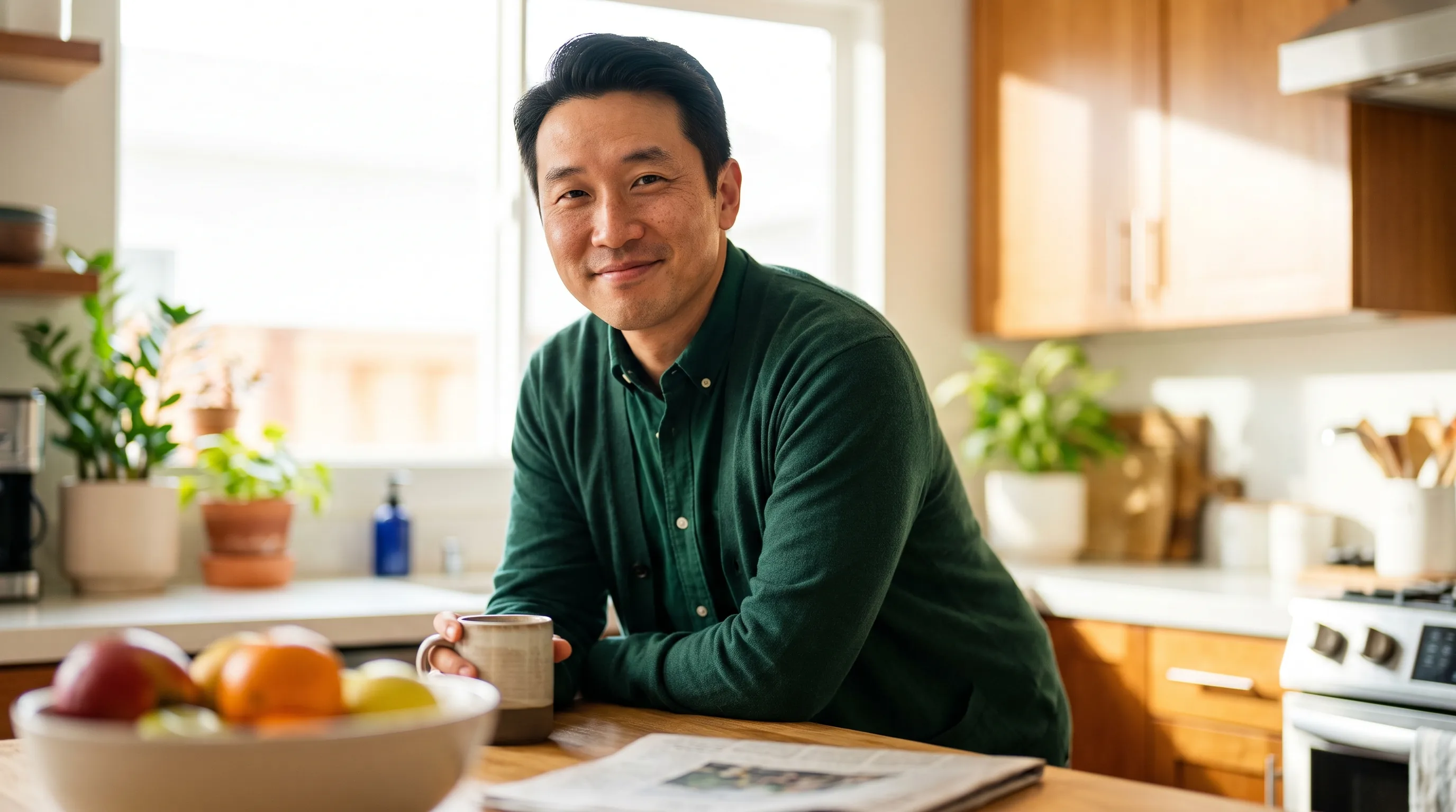 A confident, healthy man in his late thirties standing relaxed at a sunlit kitchen counter in the morning, calm and self-assured, fully clothed, warm and at ease