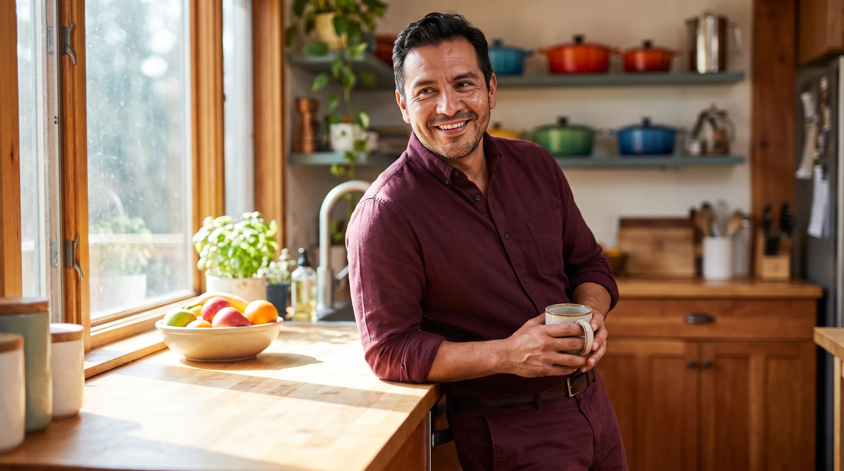 A confident, healthy man in his late thirties standing relaxed at a sunlit kitchen counter in the morning, calm and self-assured, fully clothed, warm editorial lifestyle tone, no product or vial