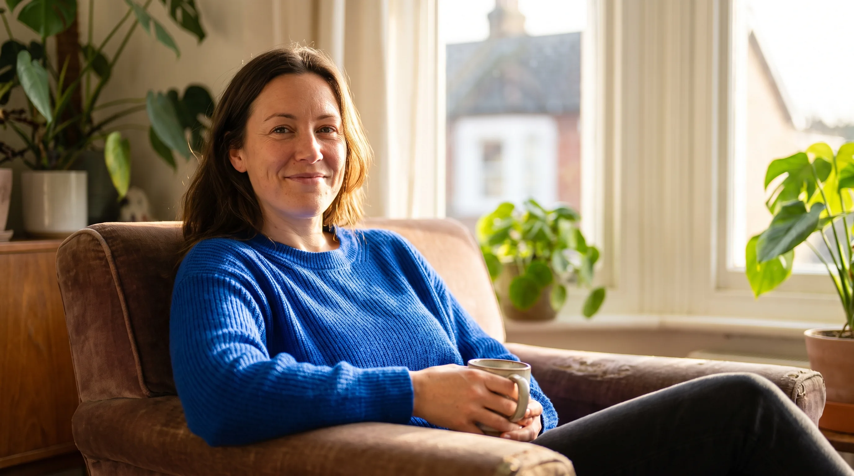 A confident, relaxed woman in her late 30s at home in soft morning light, calm and at ease with a warm, unguarded smile