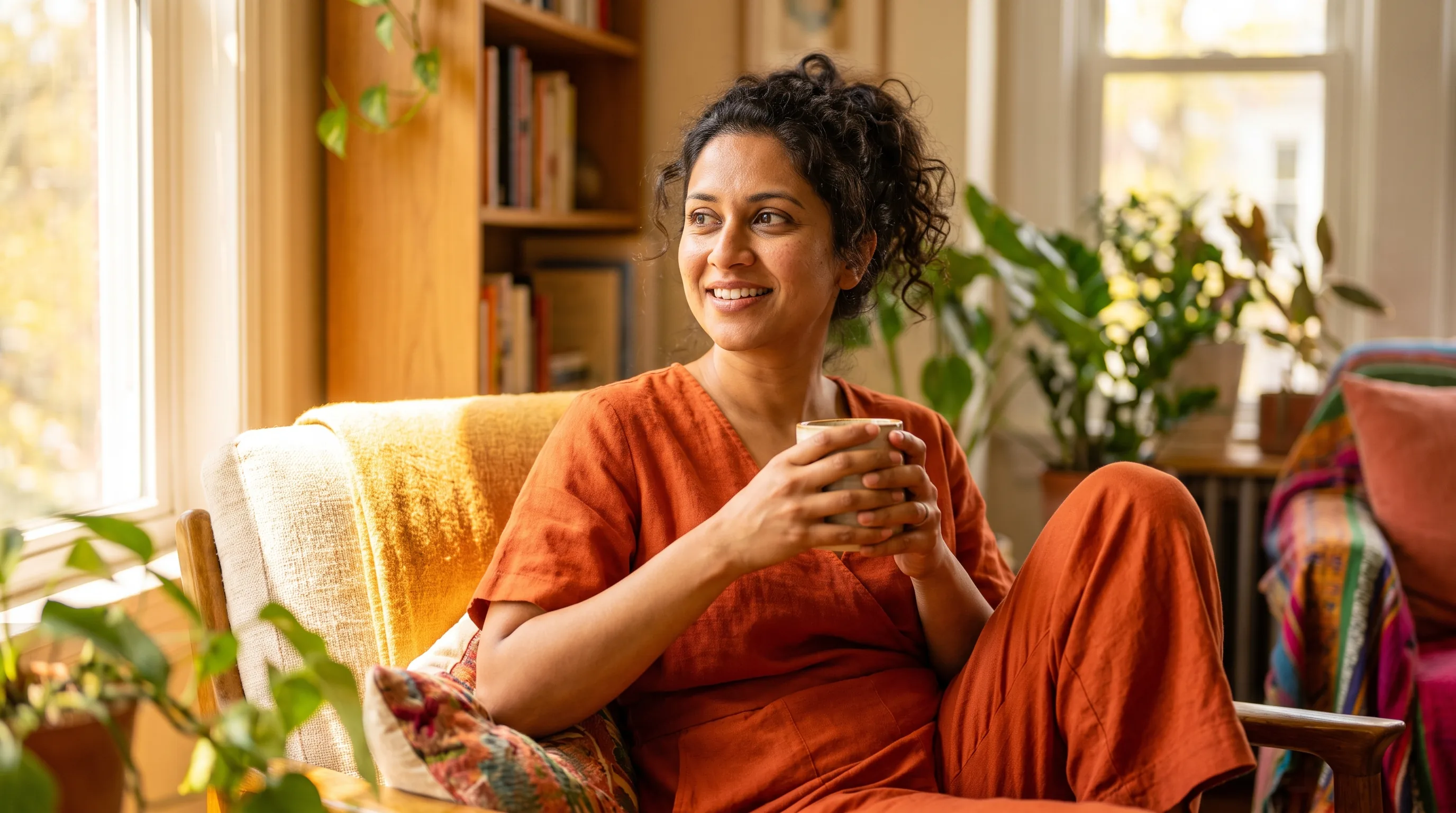 A confident, relaxed woman in her late 30s at home in soft morning light, calm and at ease with a warm, unguarded smile