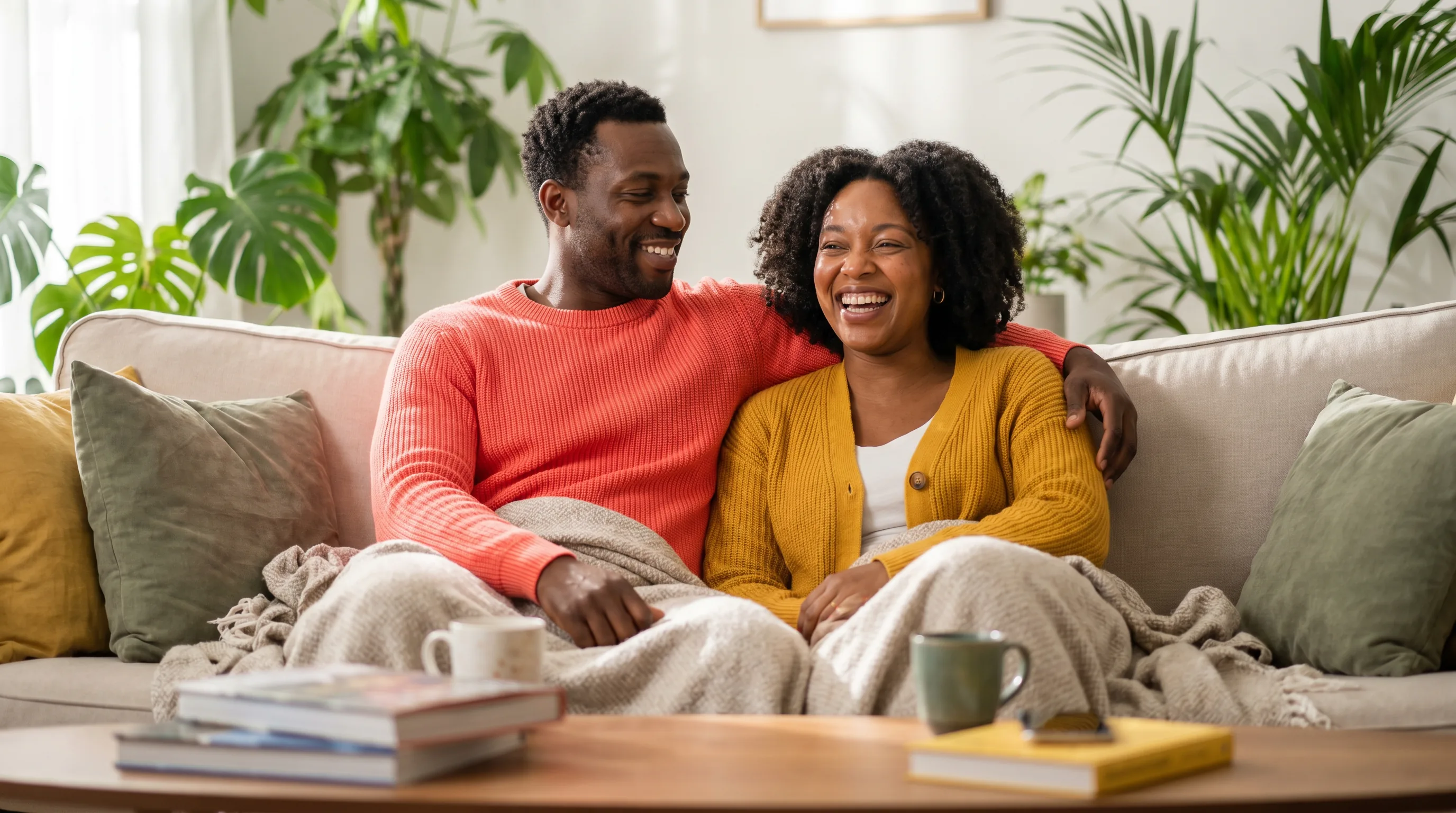 A confident, relaxed couple in their late thirties sharing a warm, unhurried morning together at home, close and at ease, softly lit, fully clothed and non-explicit
