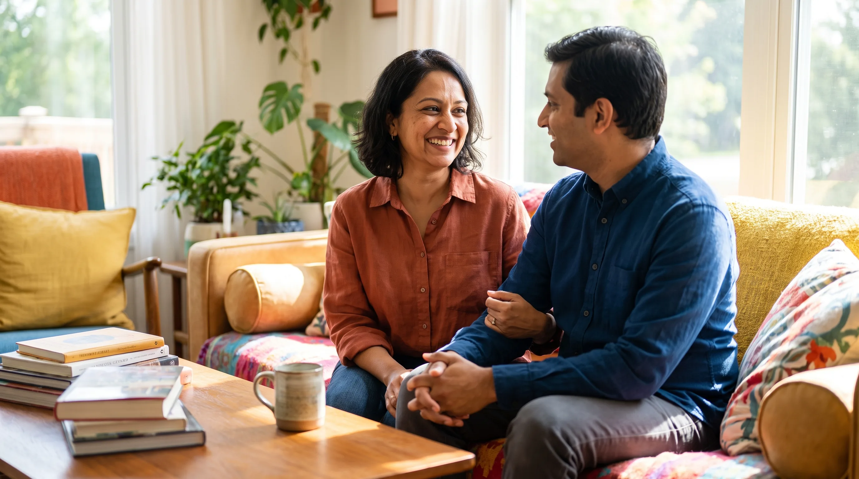 A confident, relaxed couple sharing a warm, unhurried morning together at home, close and at ease