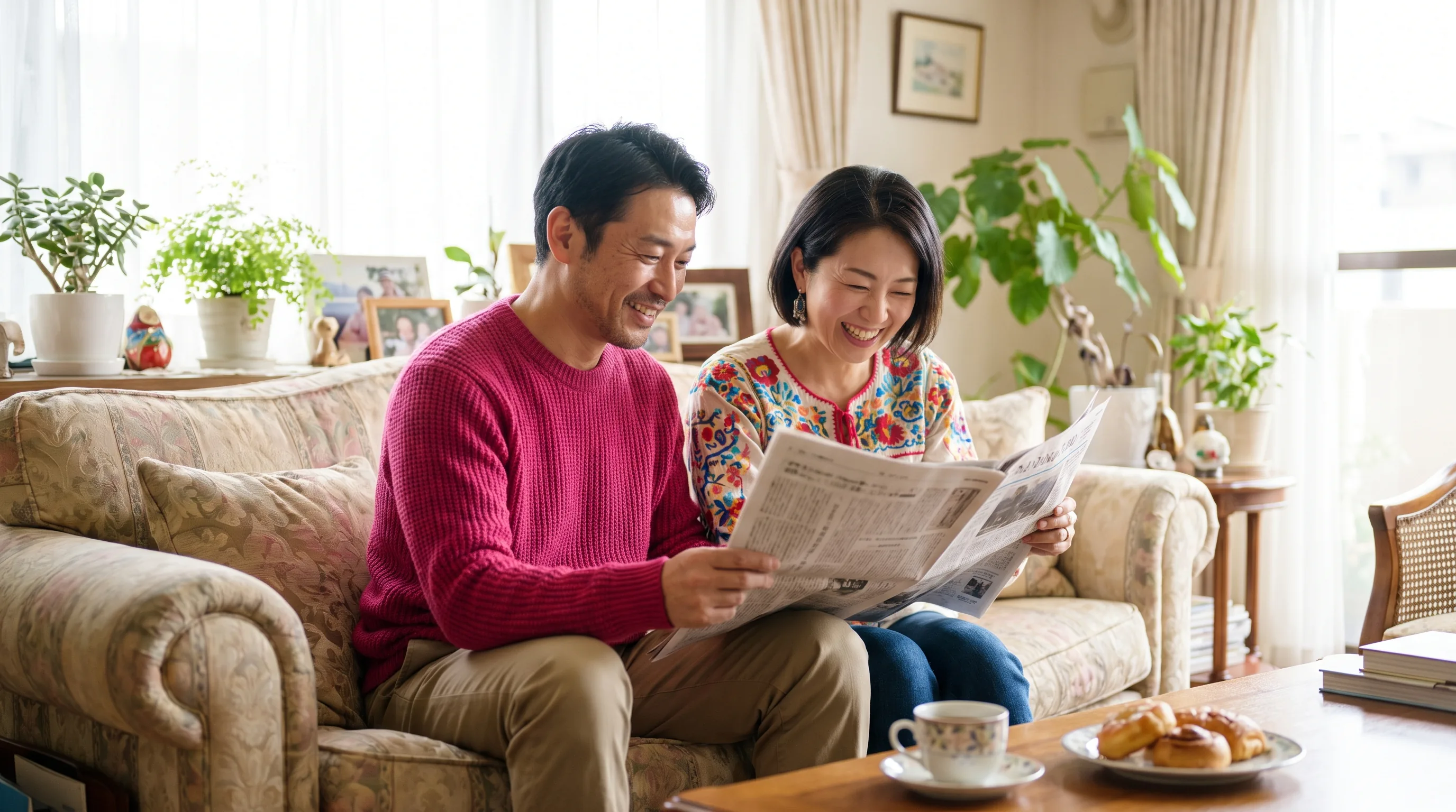 A confident, relaxed couple sharing a warm, unhurried morning together at home, close and at ease