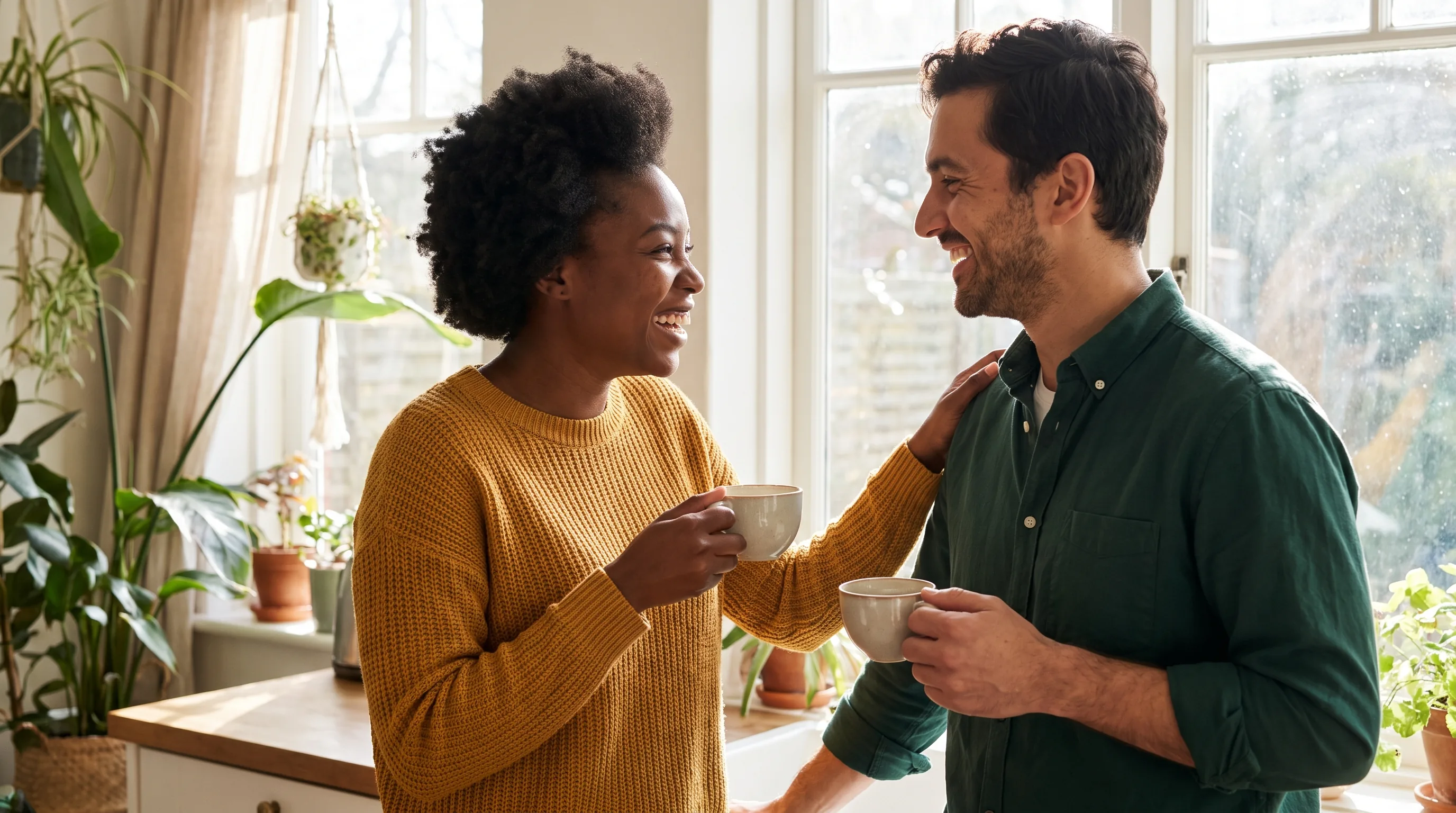 A confident, healthy couple in their late thirties sharing a warm, relaxed morning at home, close and at ease together, softly lit, non-clinical and tasteful