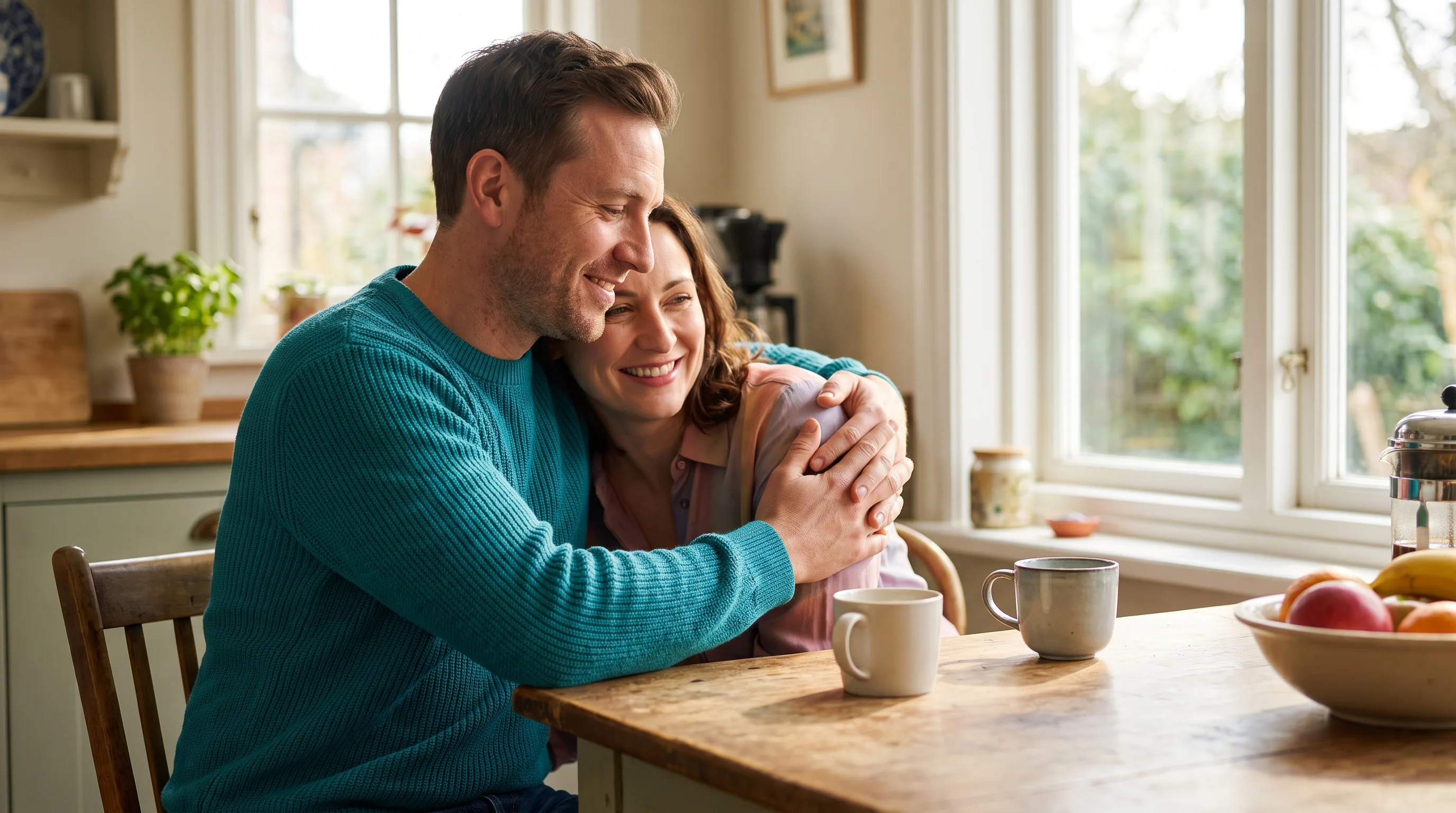 A confident, healthy couple in their late thirties sharing a warm, relaxed morning at home, close and at ease together, softly lit, non-clinical and tasteful