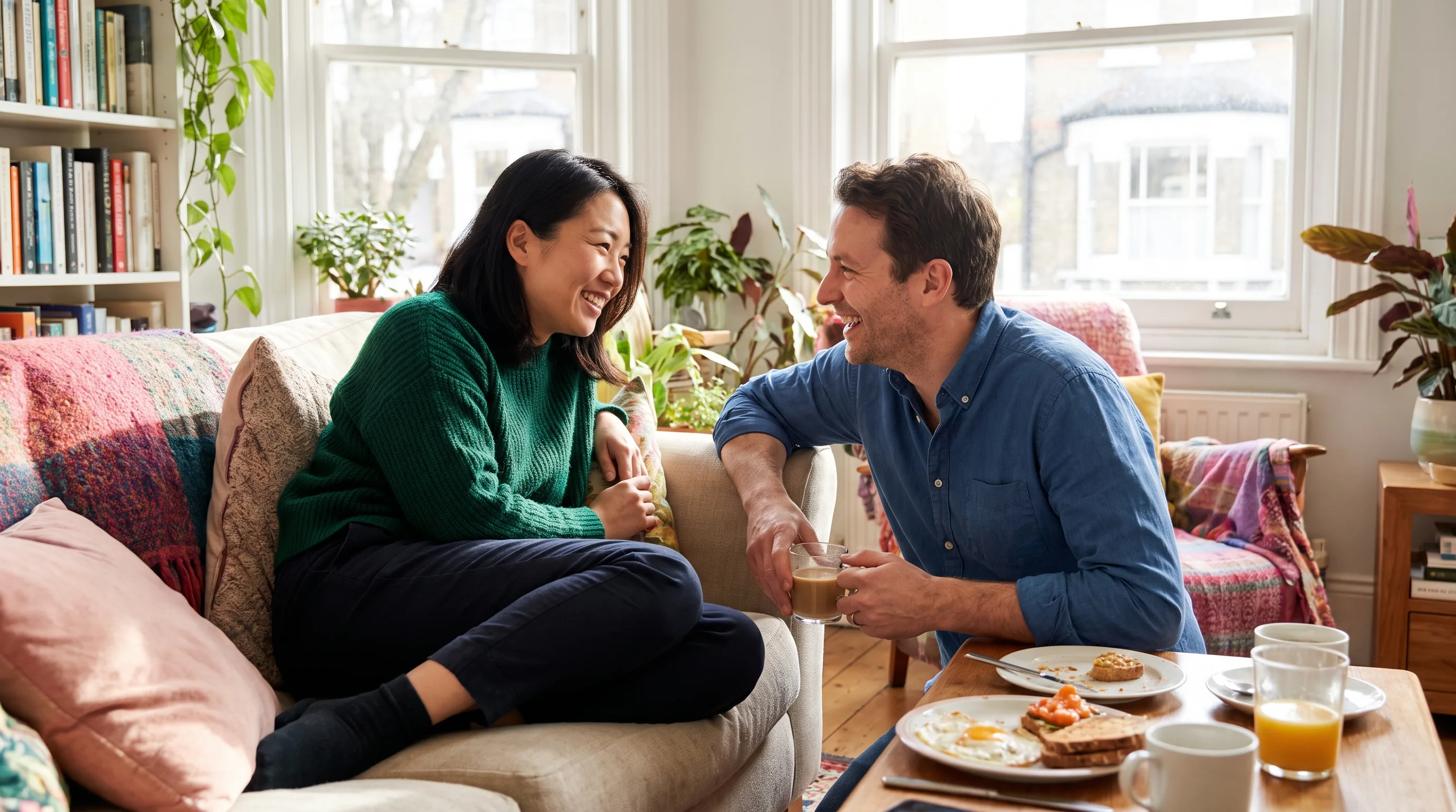 A confident, relaxed couple in their late 30s sharing a warm, unhurried morning together at home, close and at ease in natural light, fully clothed and non-explicit