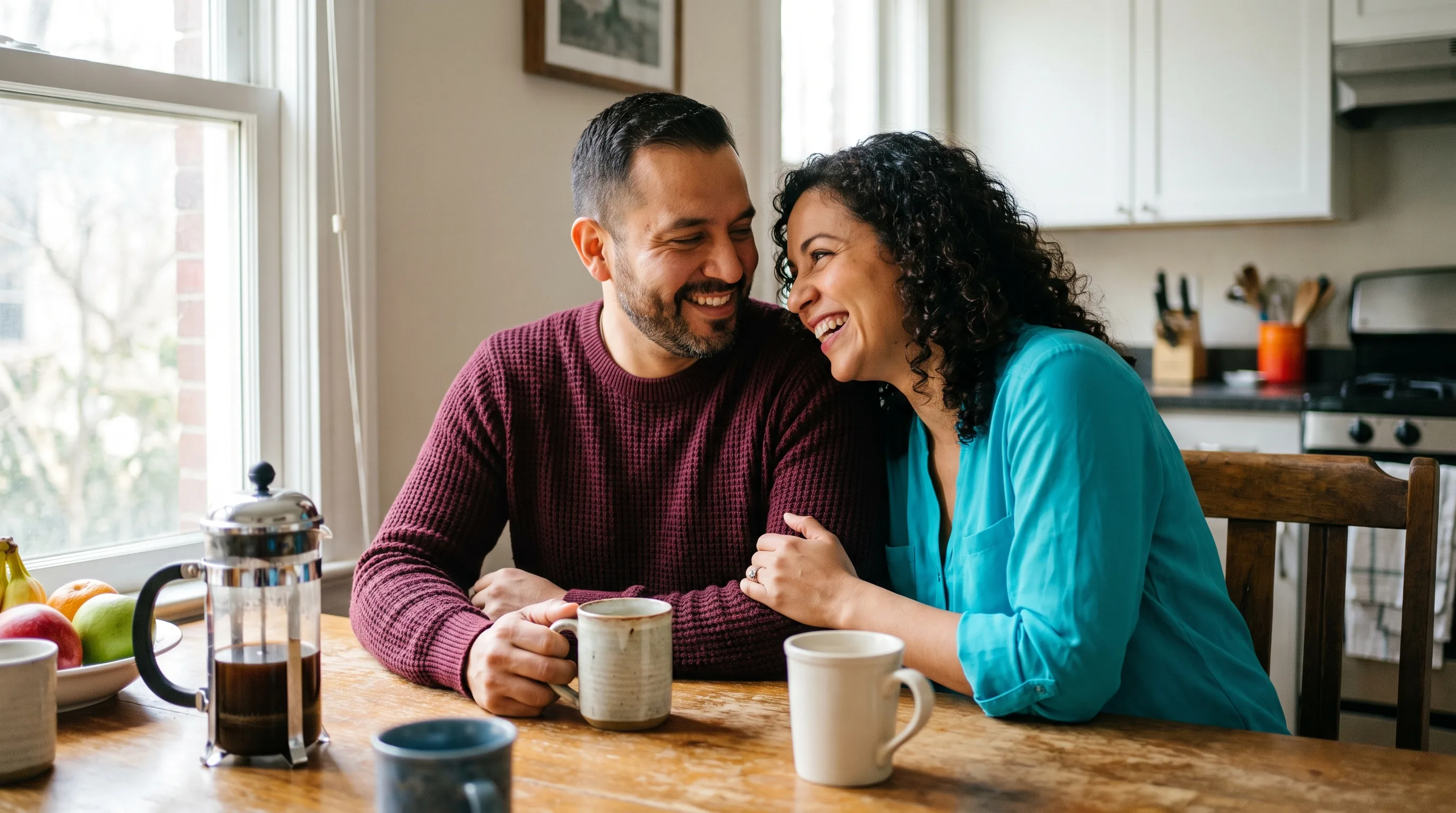 A confident, relaxed couple in their late 30s sharing a warm, unhurried morning together at home, close and at ease, natural light, fully clothed and non-explicit