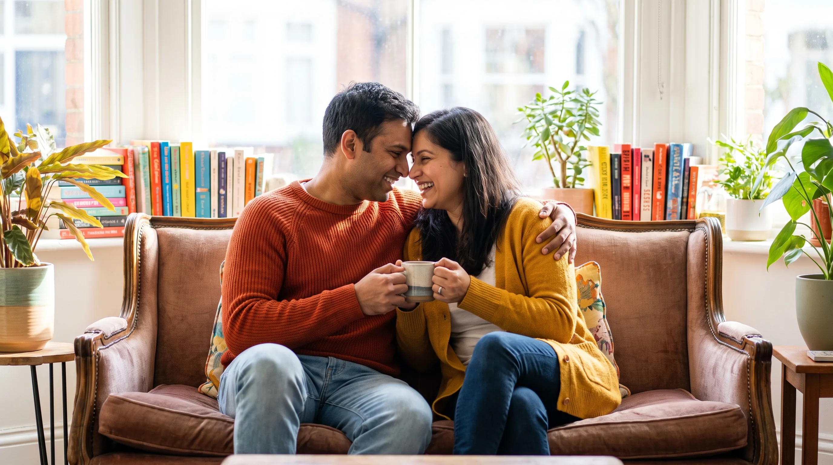 A confident, healthy couple in their late 30s sharing a warm, relaxed morning at home, close and at ease together, natural light, tasteful and non-explicit