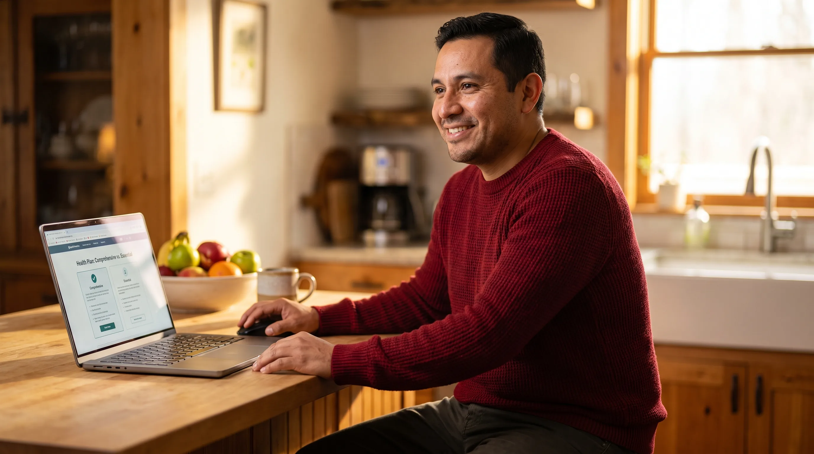 A careful person in their 30s reading peptide sourcing information on a laptop at a tidy kitchen table, calm and considered