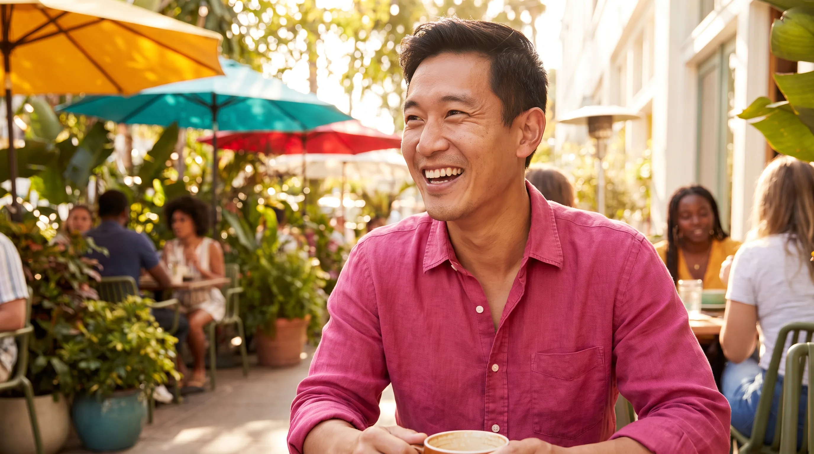 A warm, colorful photo of a happy, healthy adult in bright natural light, the kind of person deciding to switch from grey-market vials to a real prescribed provider