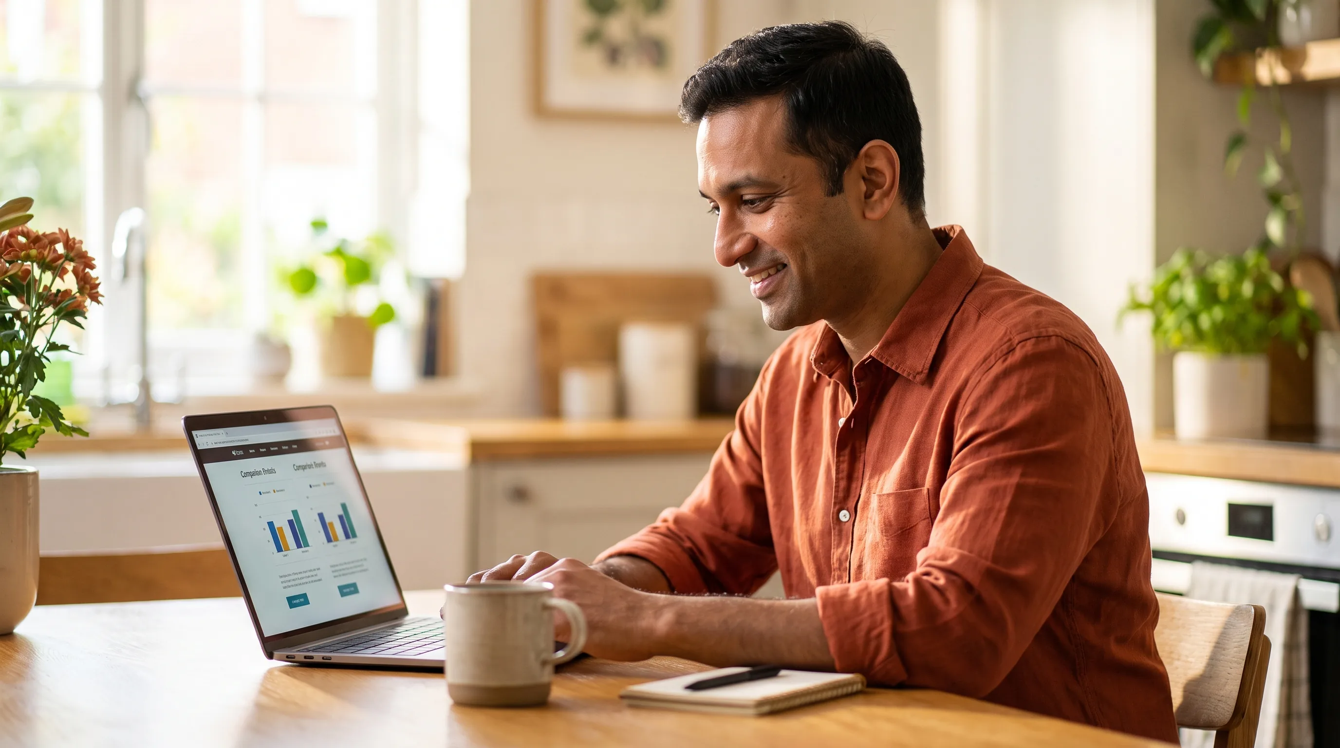 A careful person in their 30s comparing peptide safety information on a laptop at a tidy kitchen table, calm and focused