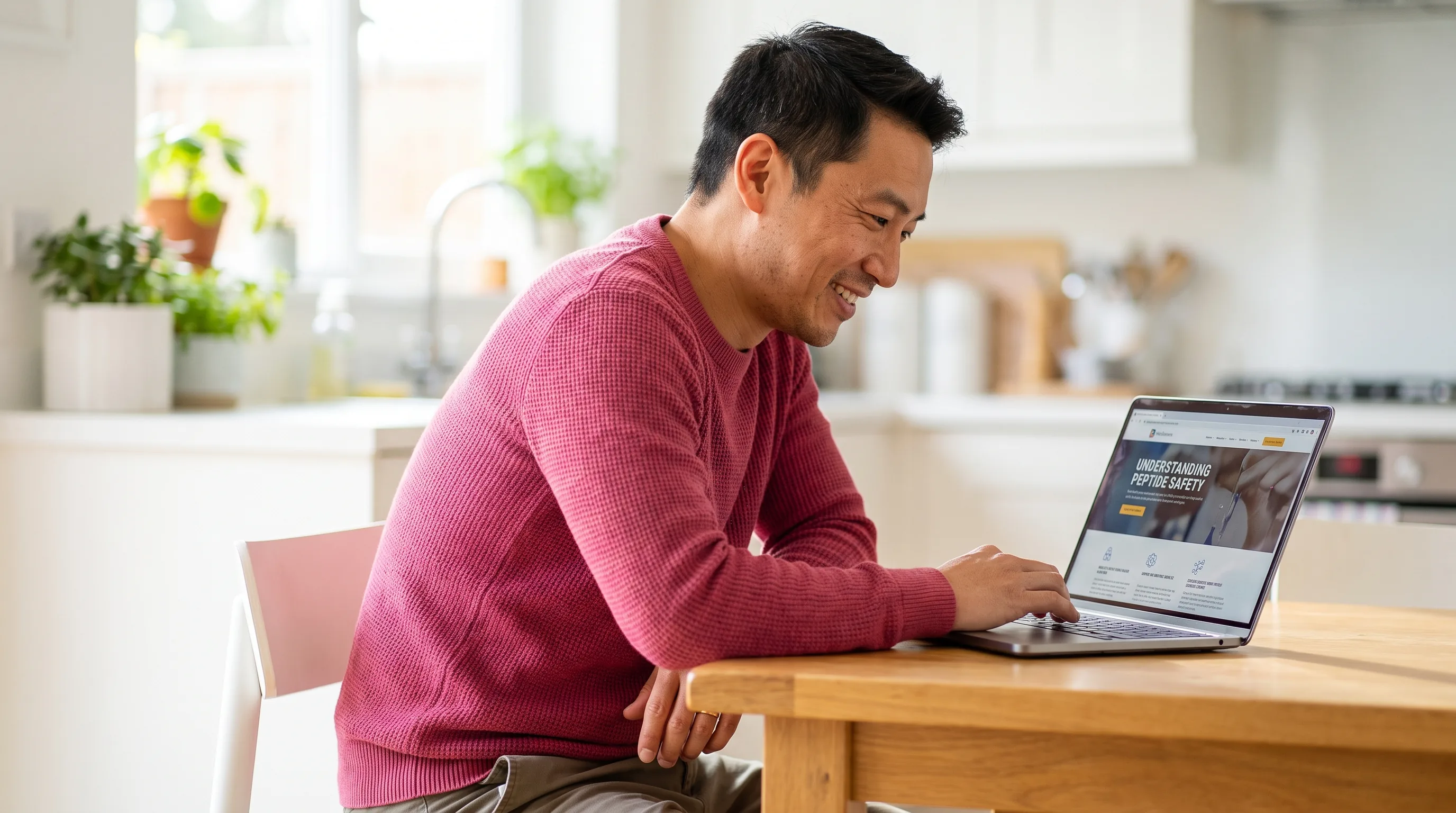 A thoughtful person in their 30s reading about peptide safety on a laptop at a clean kitchen table, calm and considered